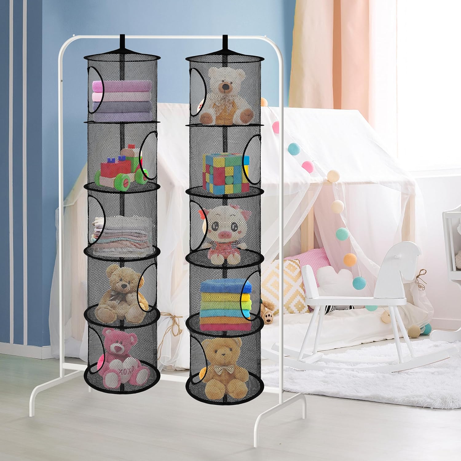coastal rose 2 unidades de almacenamiento de animales de peluche plegables para animales de peluche o hamaca, 5 compartimentos colgantes de malla