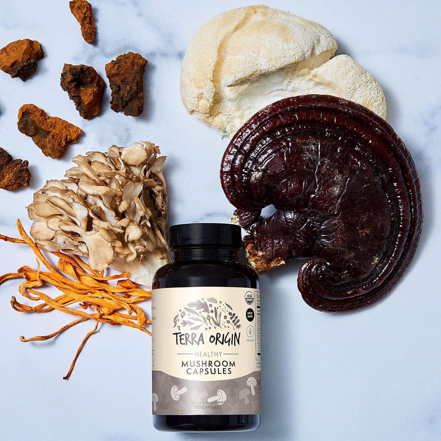 TERRA ORIGIN Cápsulas de hongos saludables  Certificado USDA Orgánico  90 cápsulas vegetales  Hongo Reishi, melena de león  Potente apoyo