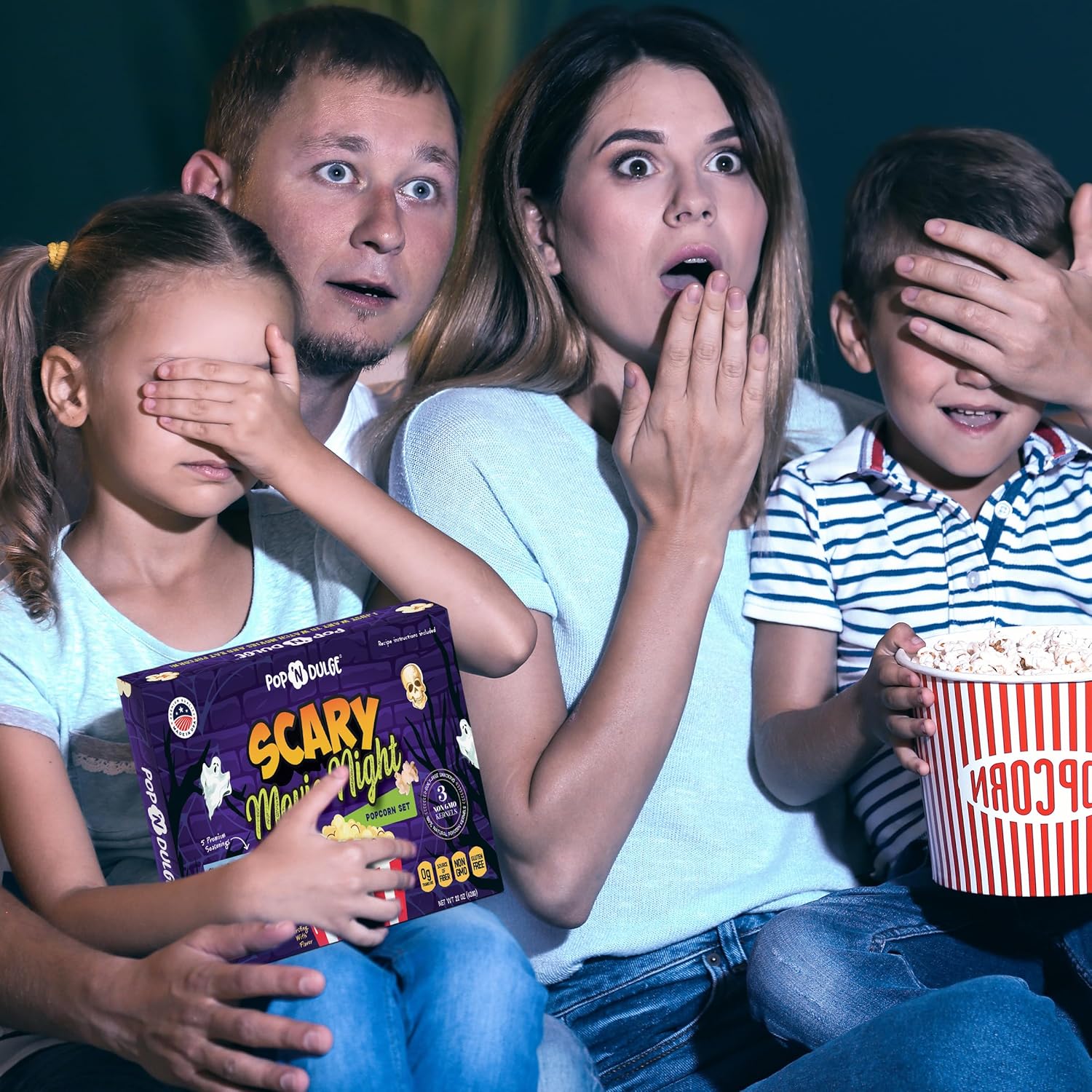Regalos de Halloween, cesta de regalo de noche de película aterradora, granos de palomitas gourmet y condimentos de palomitas de maíz, paquete