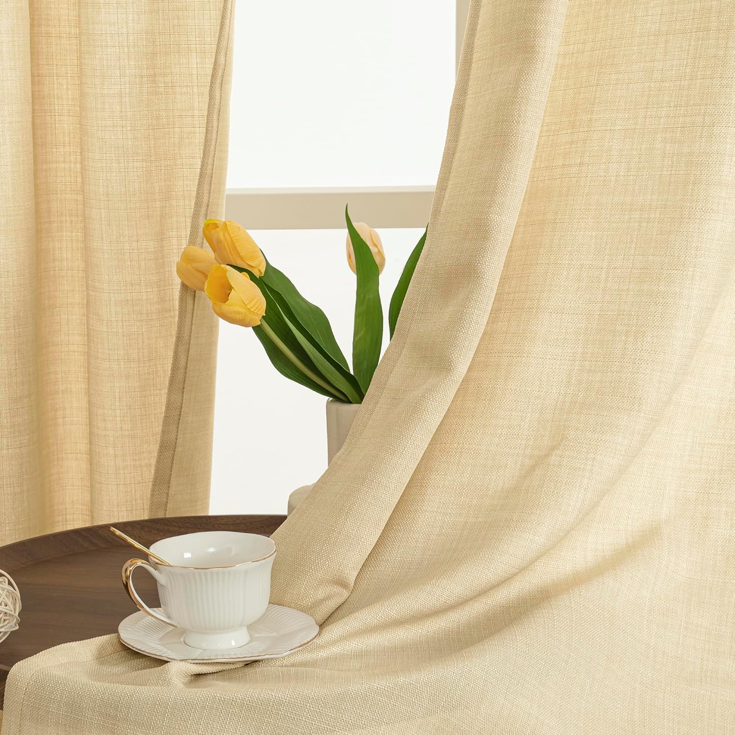 LAMIT Cortinas de lino beige camello para sala de estar, 84 pulgadas, cortinas texturizadas de lino sintético con ojales, paneles de arpillera