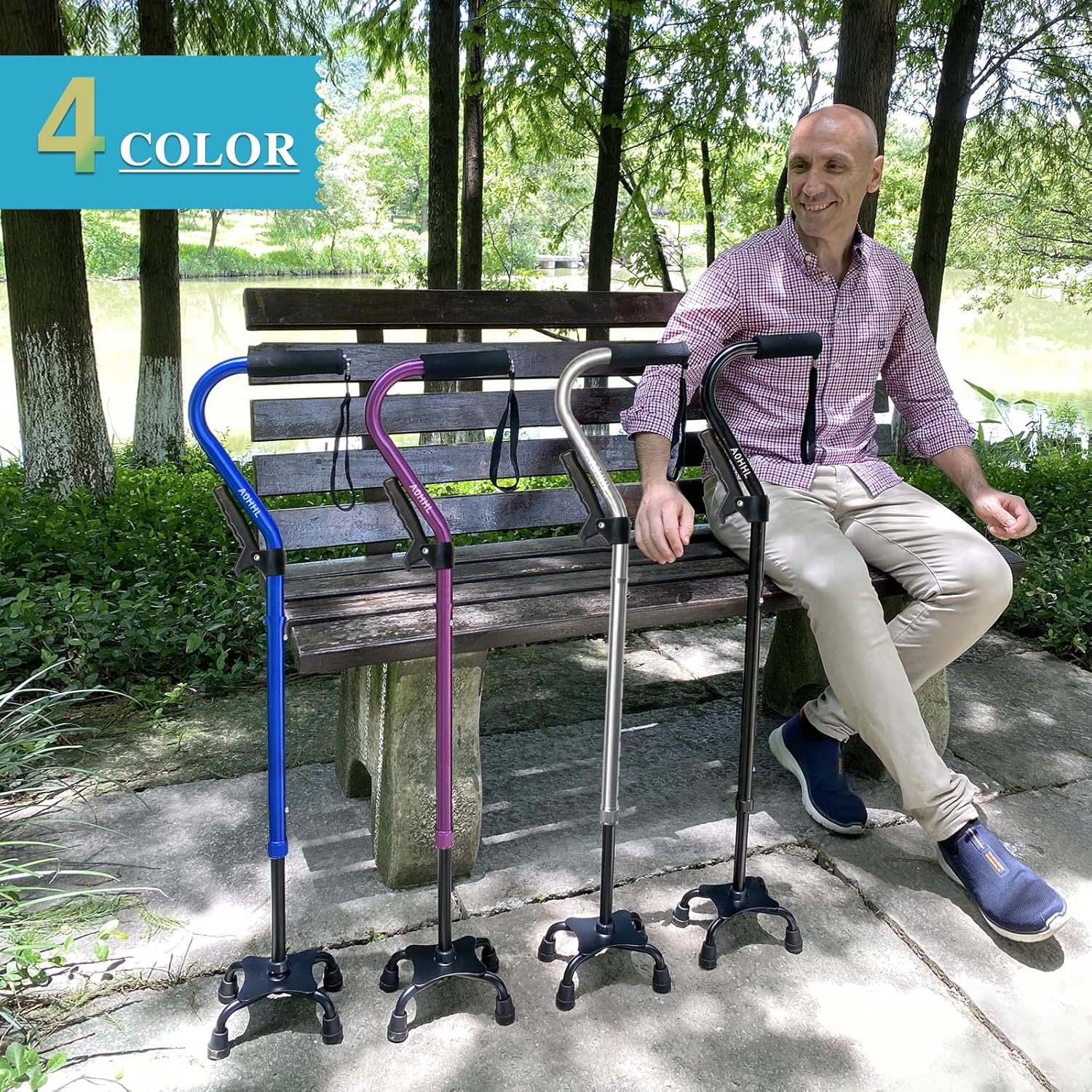 AOHHL Bastón plegable y ajustable para hombres y mujeres y personas mayores, ligero y resistente con base de 4 puntas para mayor equilibrio de