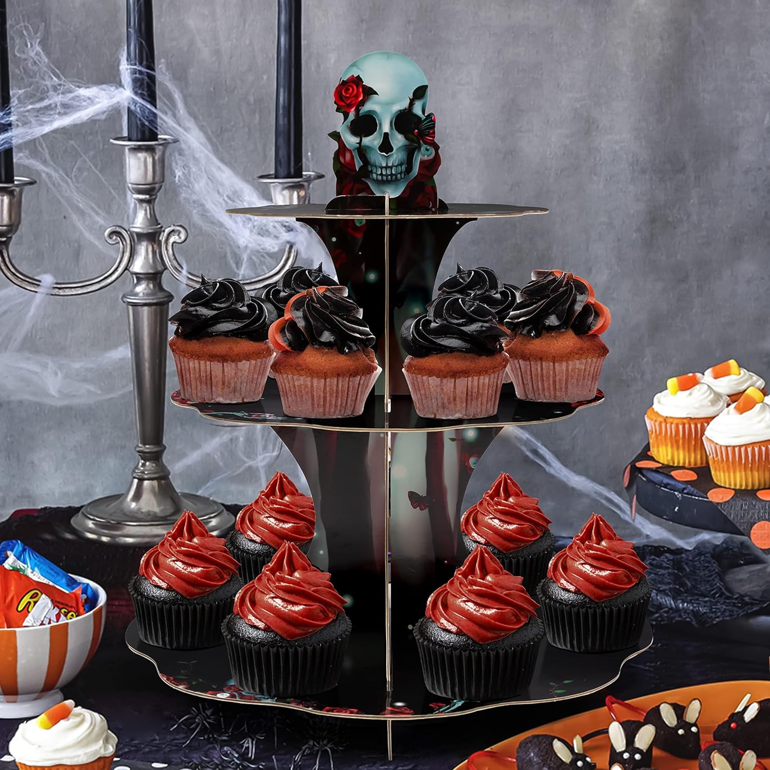 Cheerland Soporte gótico para cupcakes con diseño de calavera de rosa para decoración de fiesta de Halloween, decoración de mesa de esqueleto