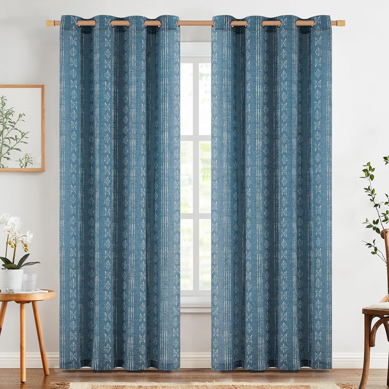 jinchan Cortinas bohemias de lino para sala de estar, cortinas bohemias azules de 84 pulgadas de largo para dormitorio, cortinas semitransparentes
