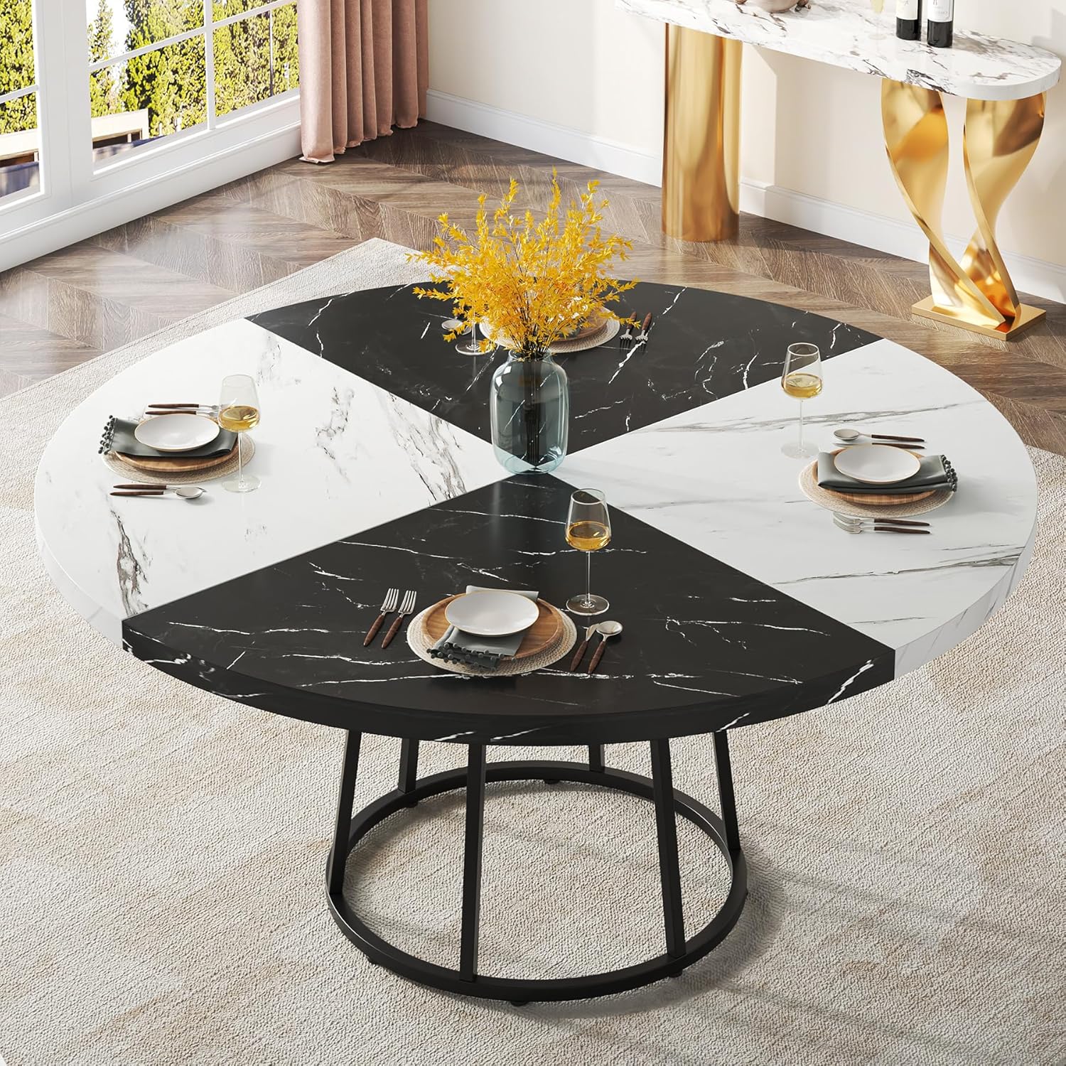 Tribesigns Mesa de comedor de 47 pulgadas para comedor, mesas de comedor redondas para 4 personas con parte superior de mármol sintético, pedestal