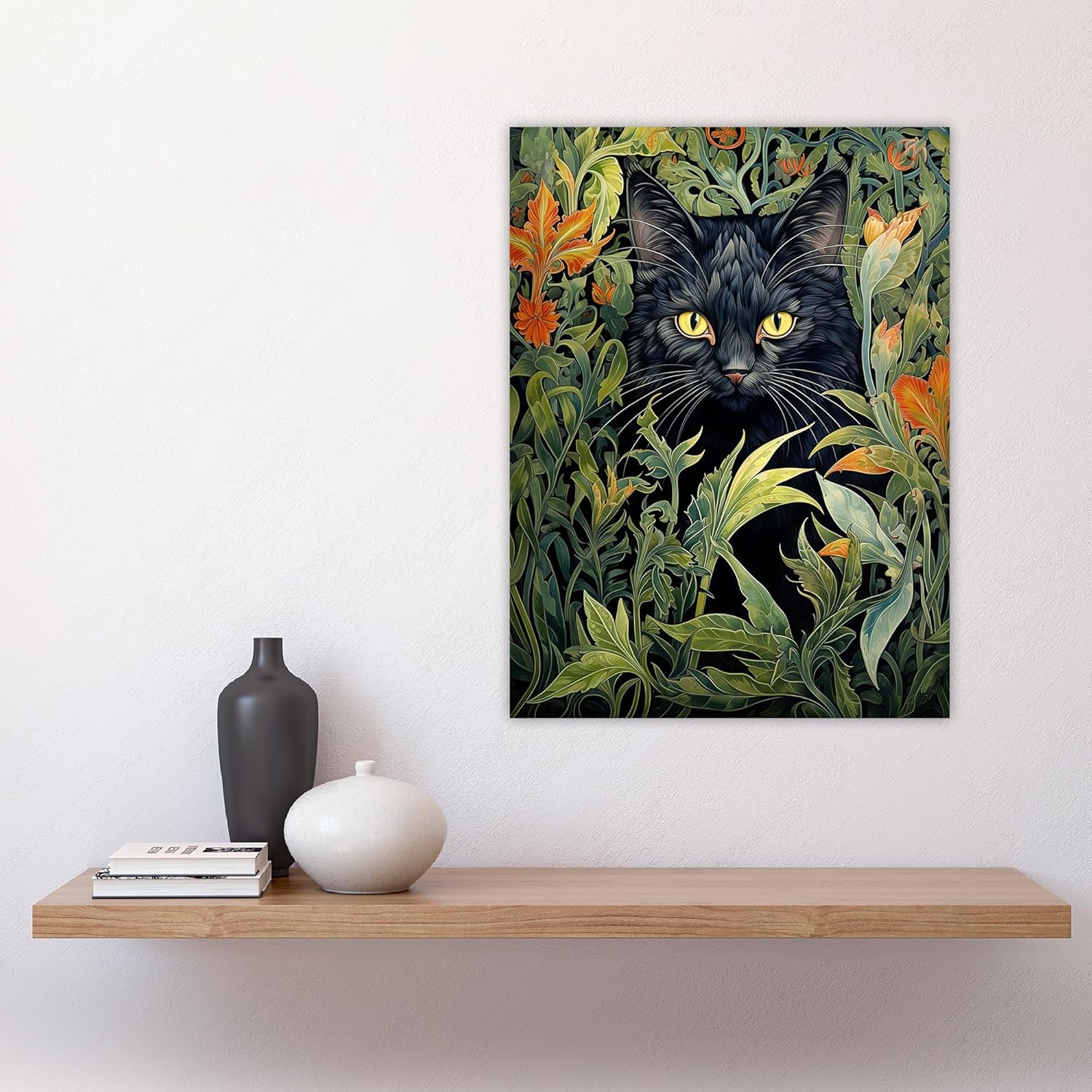 Gato negro escondido en campo de flores, pintura moderna estilo William Morris, naranja y verde, floración de primavera, retrato de animal, póster