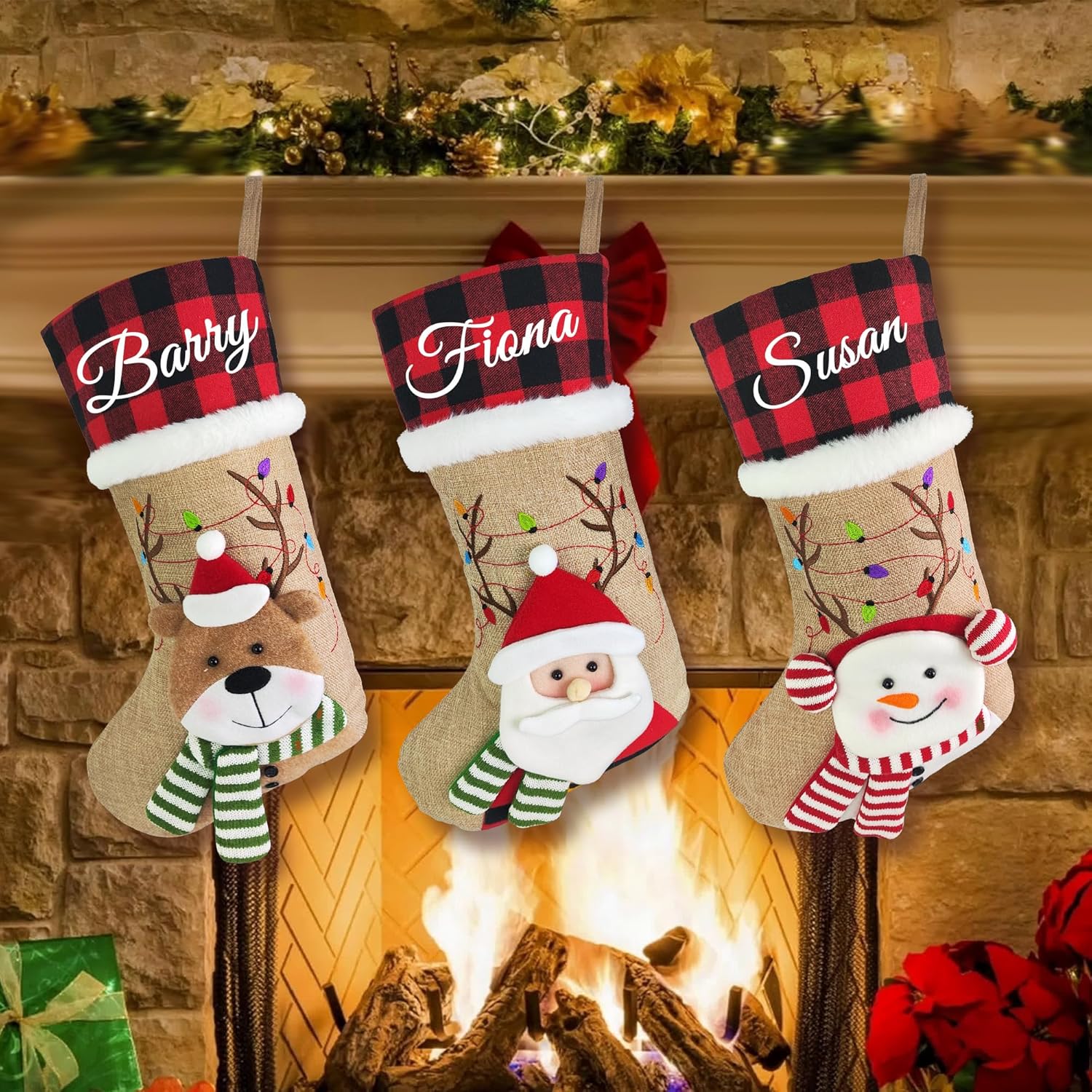 Medias de Navidad familiares personalizadas, medias de Navidad personalizadas con nombre, arpillera a cuadros de Navidad 3D muñeco de
