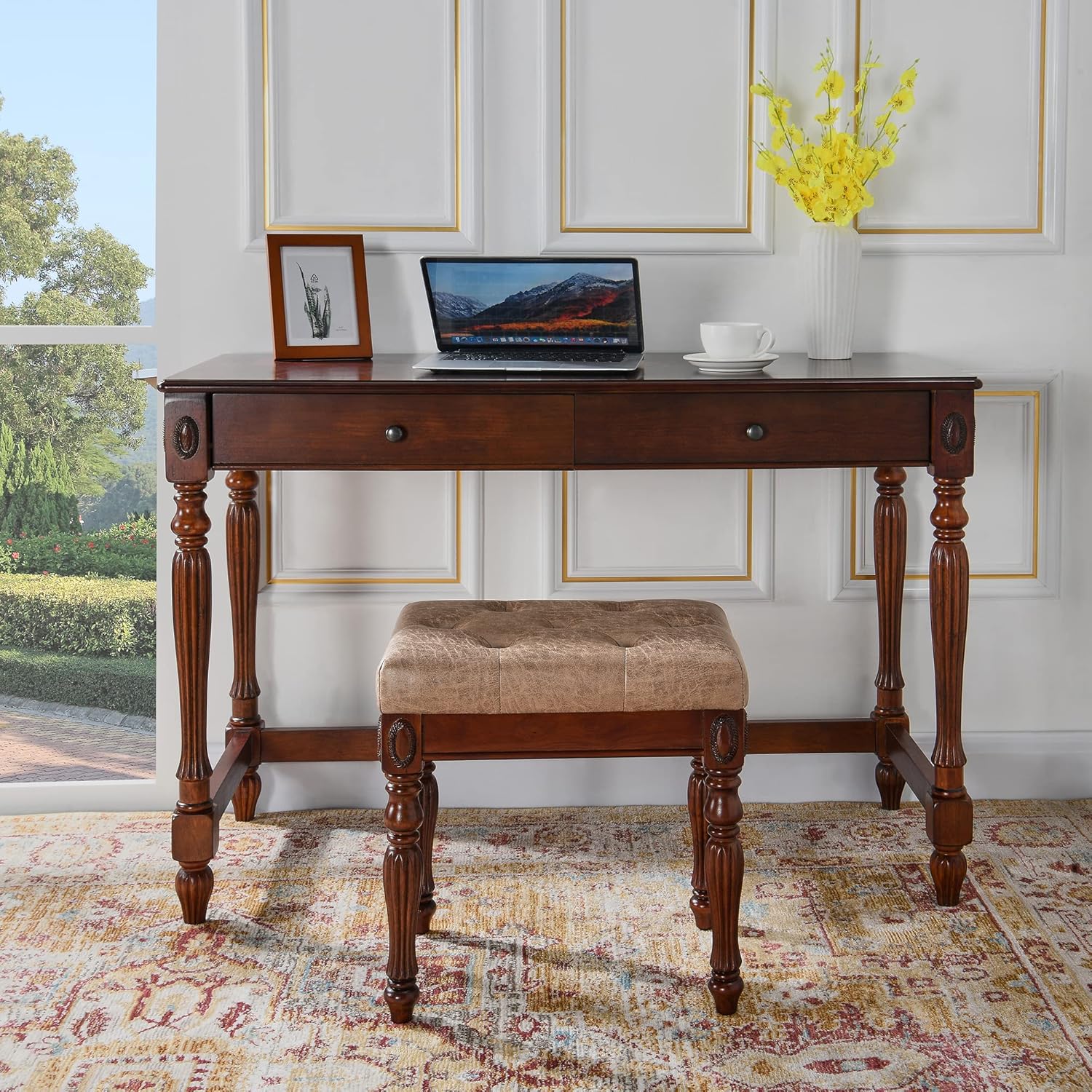 Banco de tocador tapizado de madera maciza, pequeño taburete otomano vintage de cuero copetudo, con asiento acolchado acolchado, reposapiés tallado,