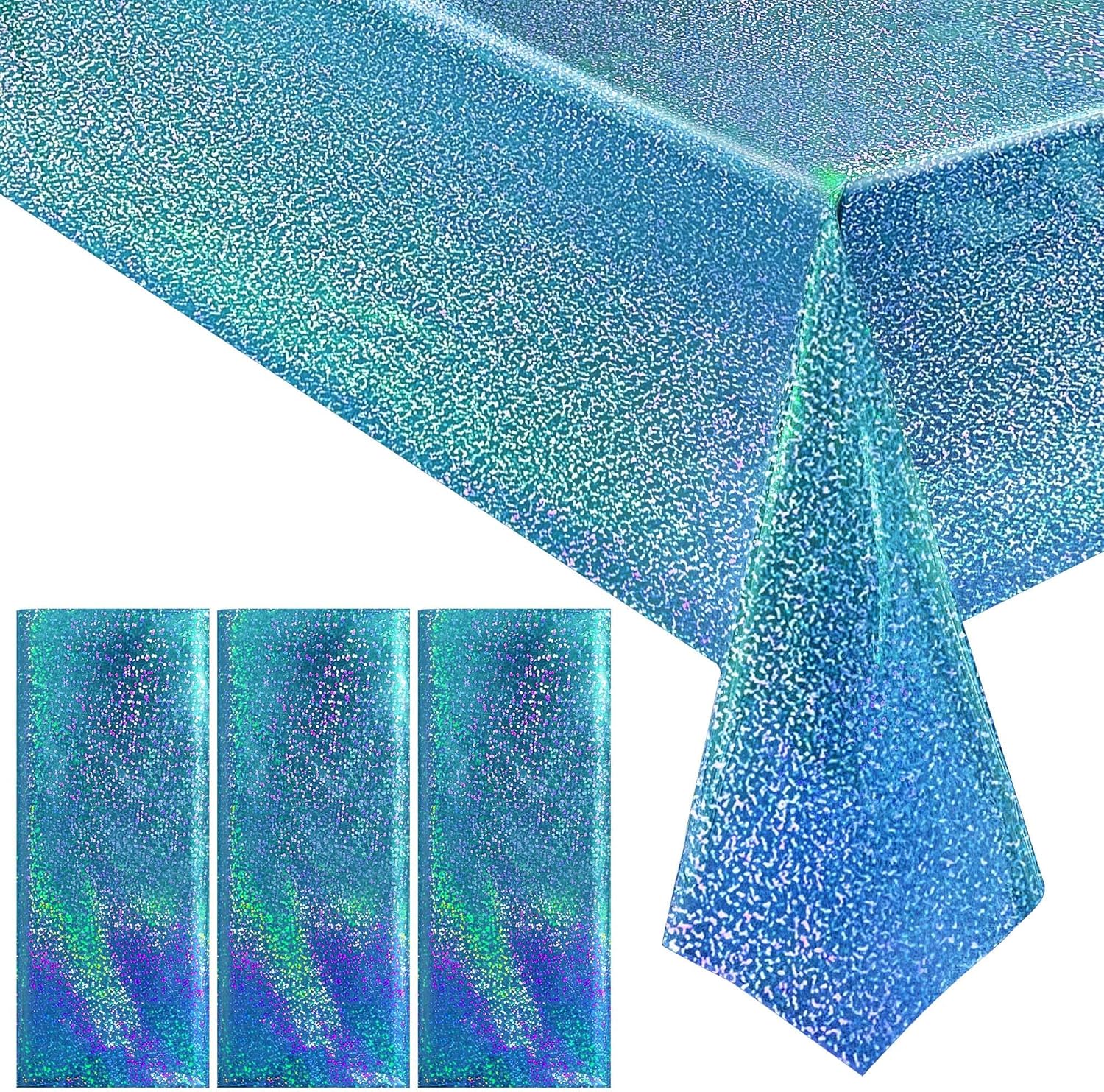 3 manteles láser holográficos azules de 40 x 108 pulgadas, manteles de plástico para fiestas, decoración de fiesta brillante para sirena, invierno,