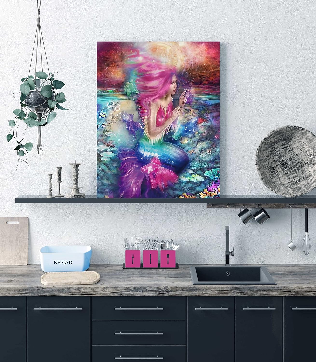Xxliren Lienzo decorativo para pared de baño con imágenes de sirena, decoración de habitación de sirena rosa para dormitorio de niñas, tamaño de