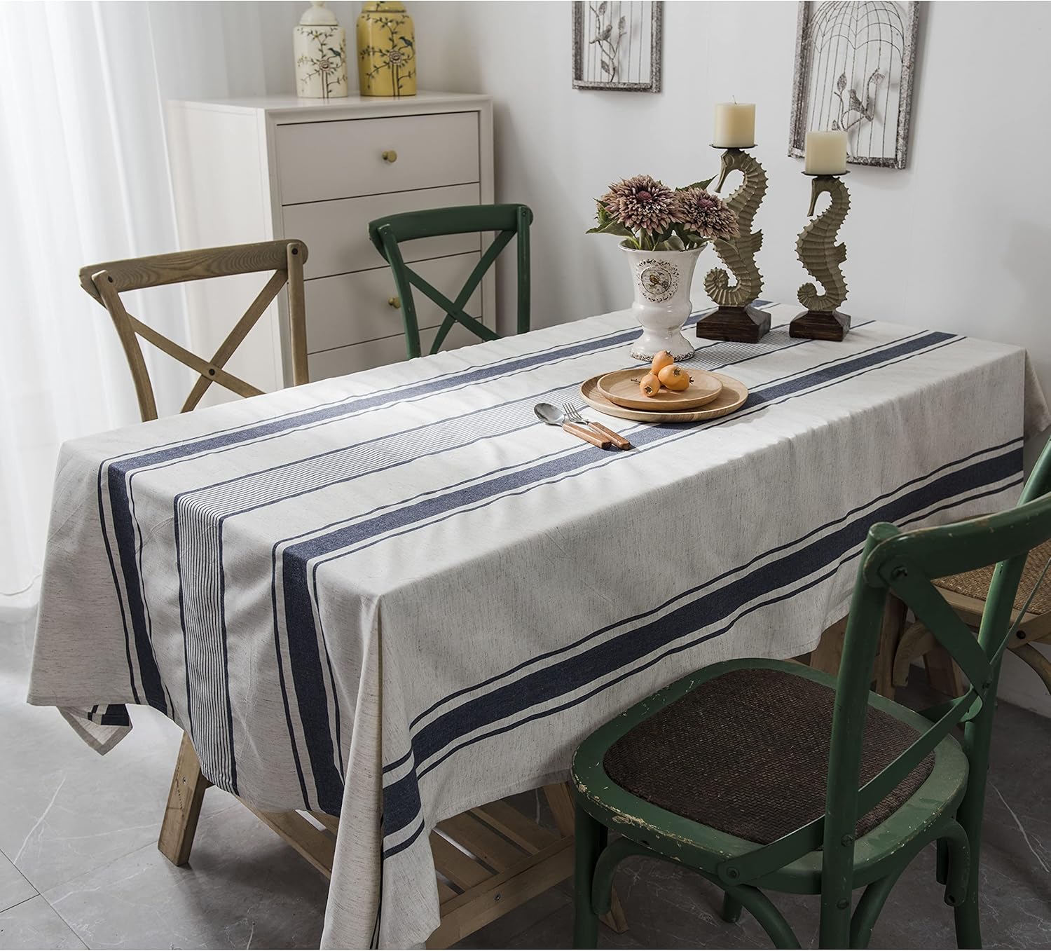 ArtBud Mantel blanco y azul de lino de algodón, suave, lavable, para fiestas, café, cocina, decoración de rayas (rectangularoblongo, 60 x 70