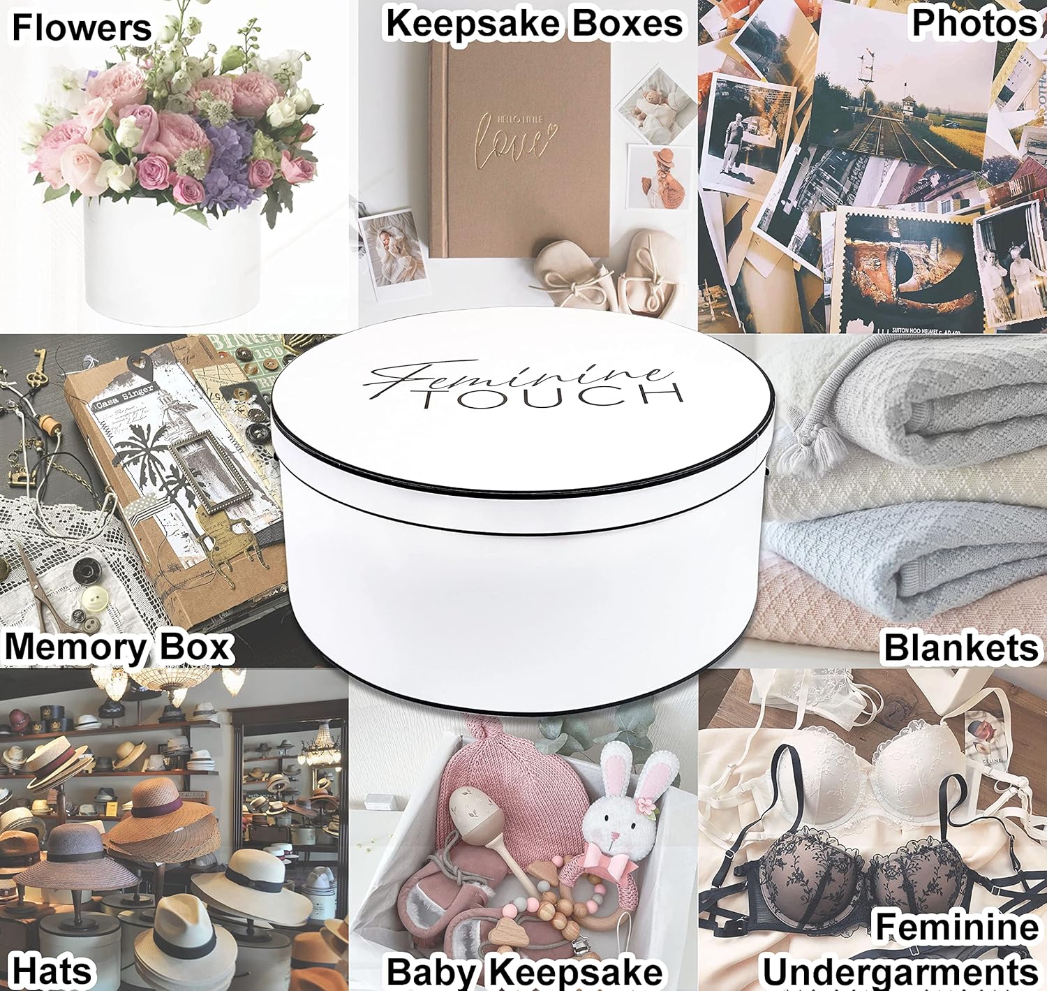 Feminine Touch Cajas para sombreros para mujer, caja de almacenamiento grande para sombreros redondos para viajes con cuerda de alta calidad,