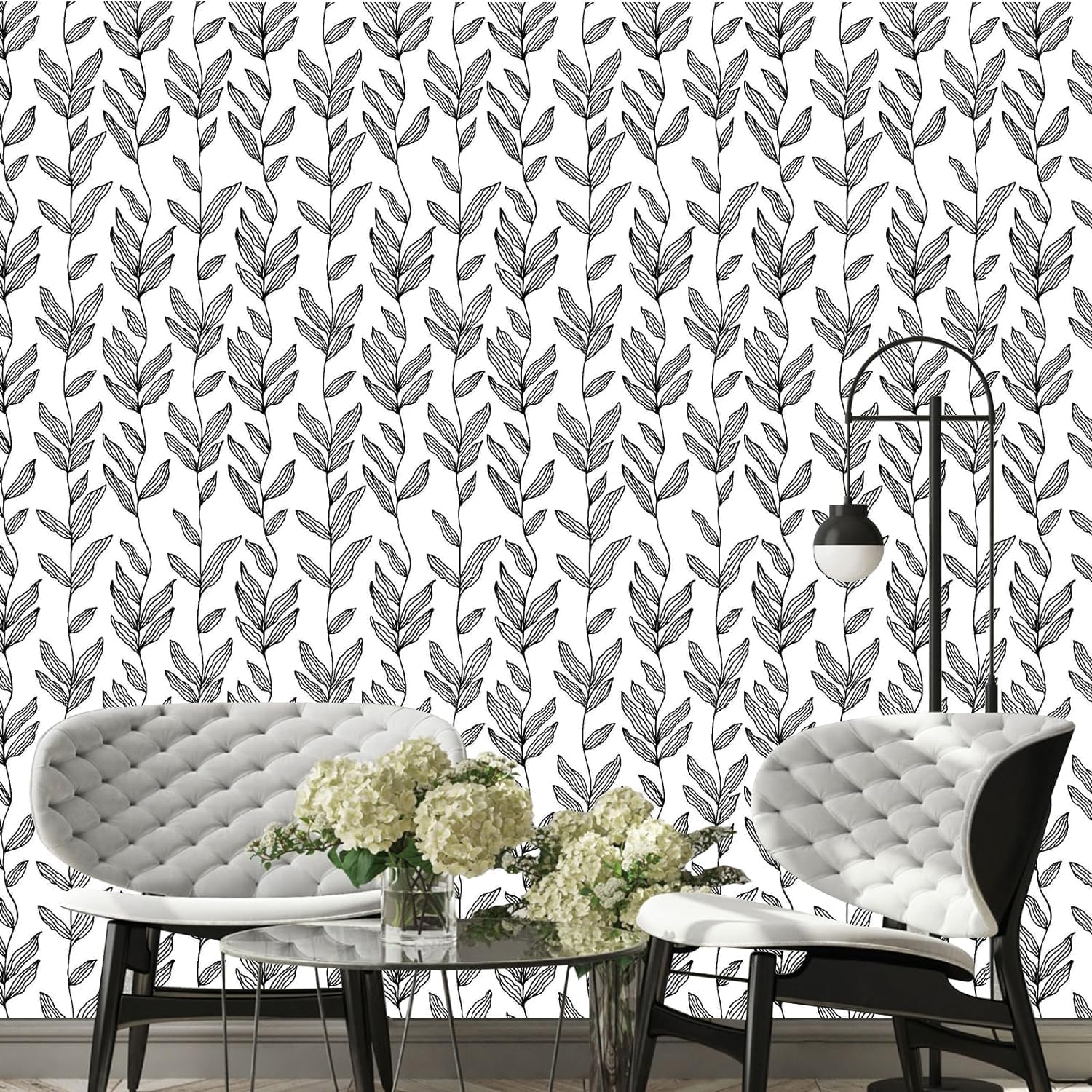 Papel tapiz autoadhesivo extraíble en blanco y negro, papel de contacto con hojas florales, moderno vinilo impermeable para cubrir paredes,