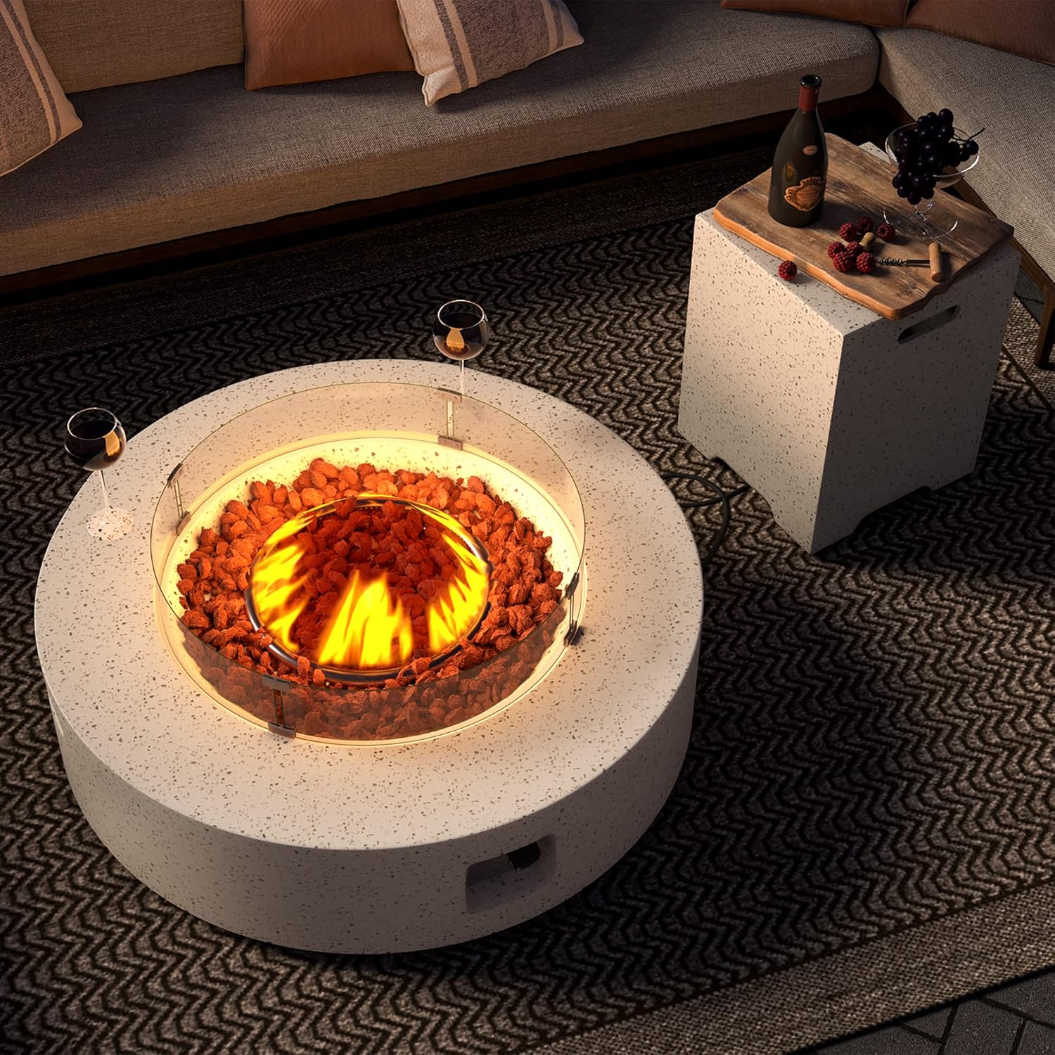 SUNBURY Mesa de fuego de propano para exteriores de 41 pulgadas, 50,000 BTU manchada blanca para patio con protector de viento de vidrio, mesa de