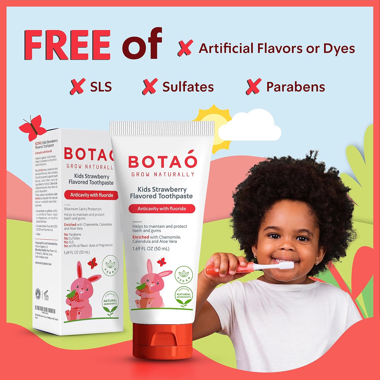Pasta de dientes para niños, pasta dental anticaries con flúor natural con sabor a fresa, máxima protección de caries, verificada por EWG, vegana,