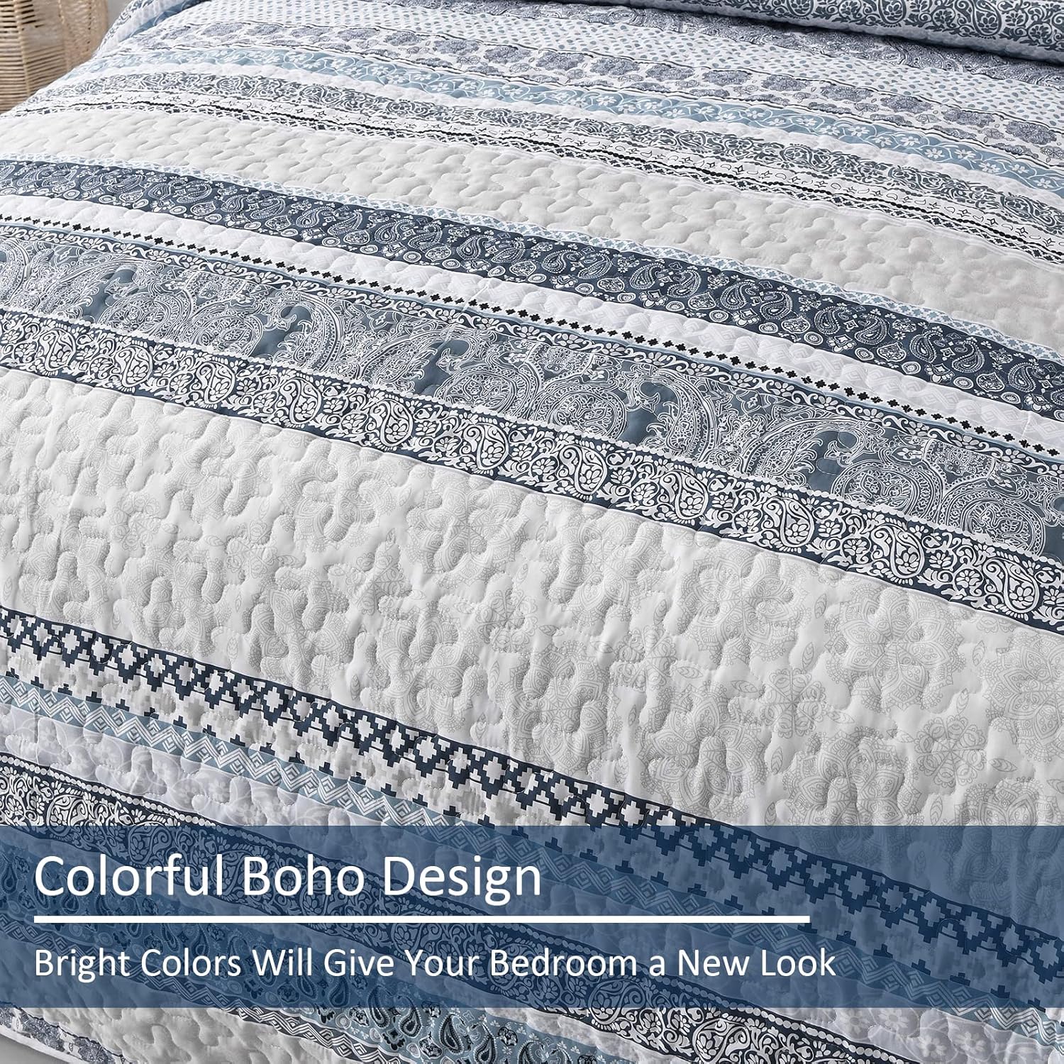 WONGS BEDDING Juego de edredón bohemio tamaño matrimonial, juego de edredón bohemio azul claro de 3 piezas, juego de ropa de cama ligero de verano