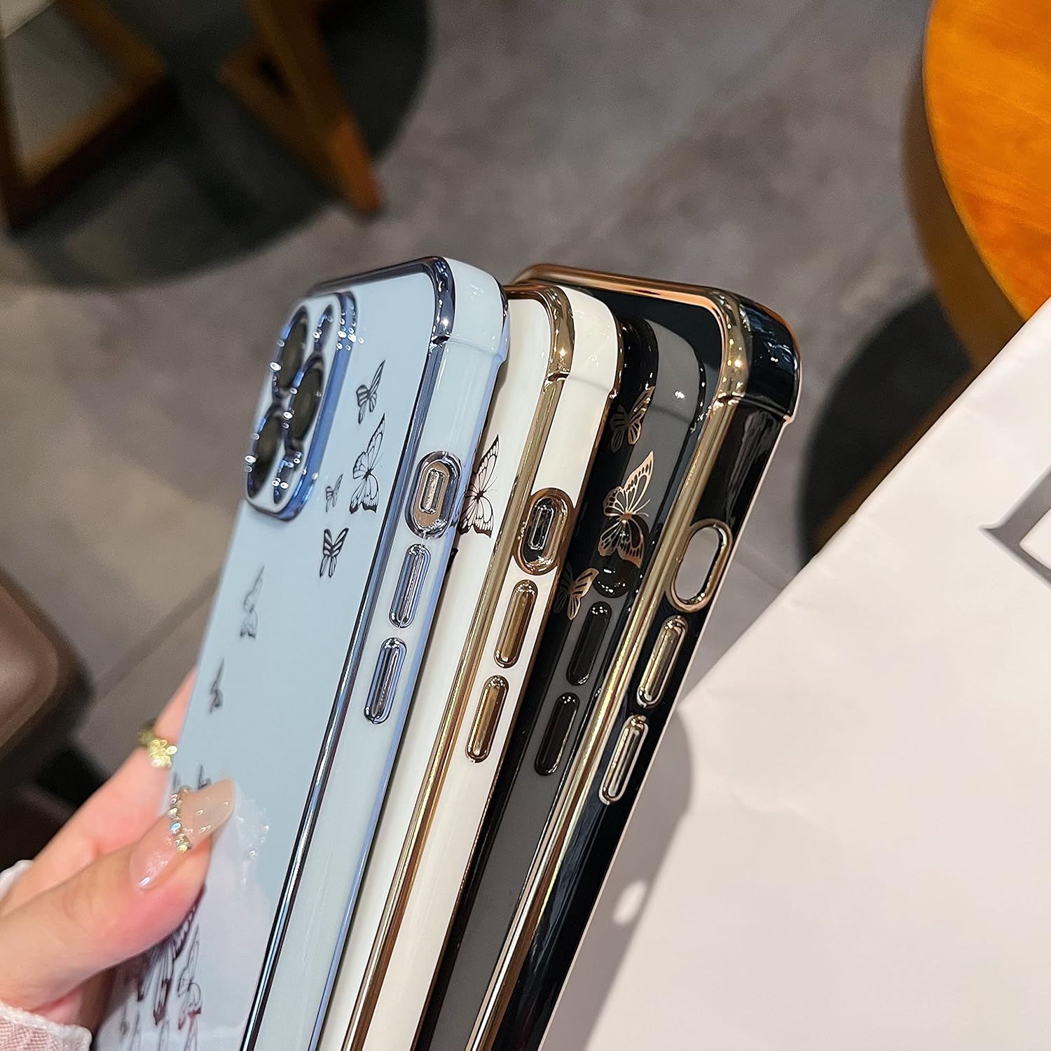 ZTOFERA Funda protectora para iPhone 14 Pro, funda protectora para mujeres, linda mariposa galvanizada, borde dorado, a prueba de golpes, delgada,