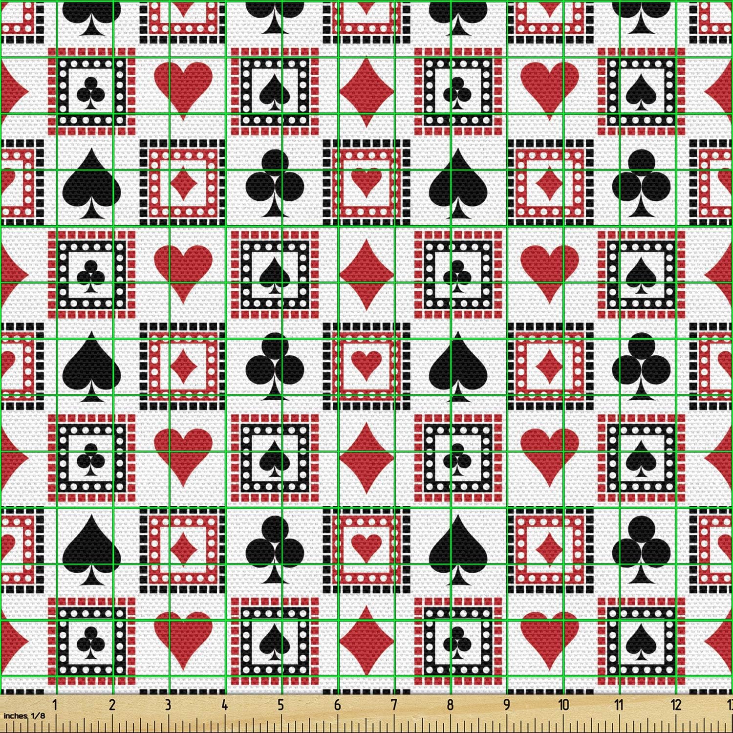 Ambesonne Tela de casino por The Yard, Playings Cards Clubs Hearts simétrica geométrica repetitiva ornamental, tela decorativa para tapicería y
