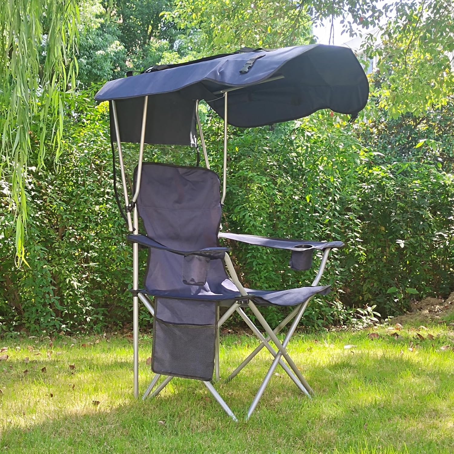 BDL Silla de camping con toldo plegable portátil con soporte para tazas, persianas laterales, bolsillo lateral para campamento, playa, pesca,