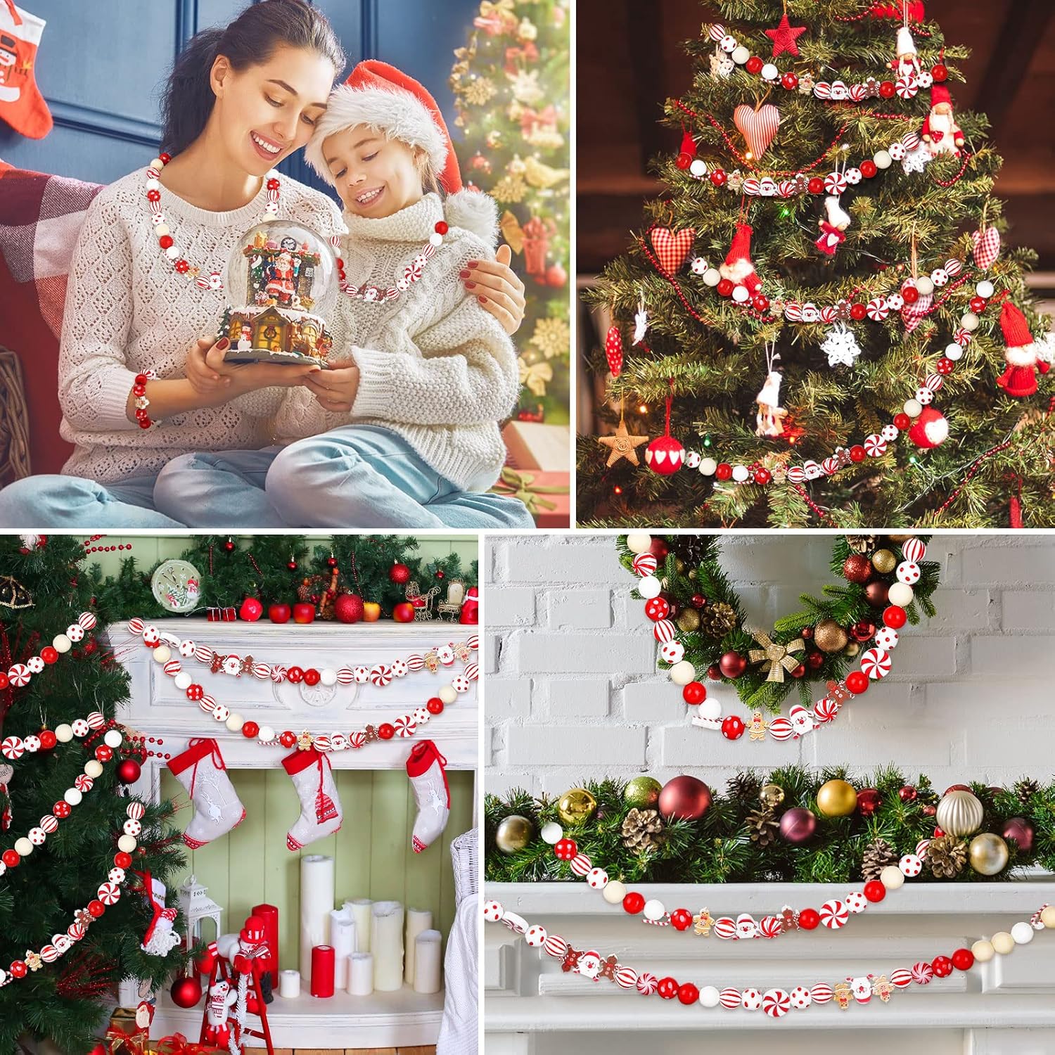 200 cuentas de madera y 4 recortes de bastón de caramelo y pan de jengibre para decoración de guirnaldas navideñas