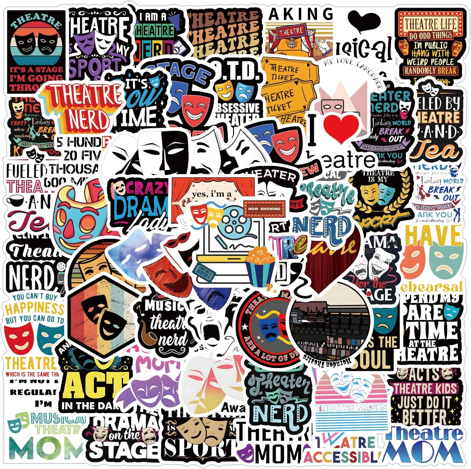 63 calcomanías de teatro, diseño de graffiti estética, vinilo impermeable para niños, niñas, adolescentes, adultos, para botellas de agua, laptop,