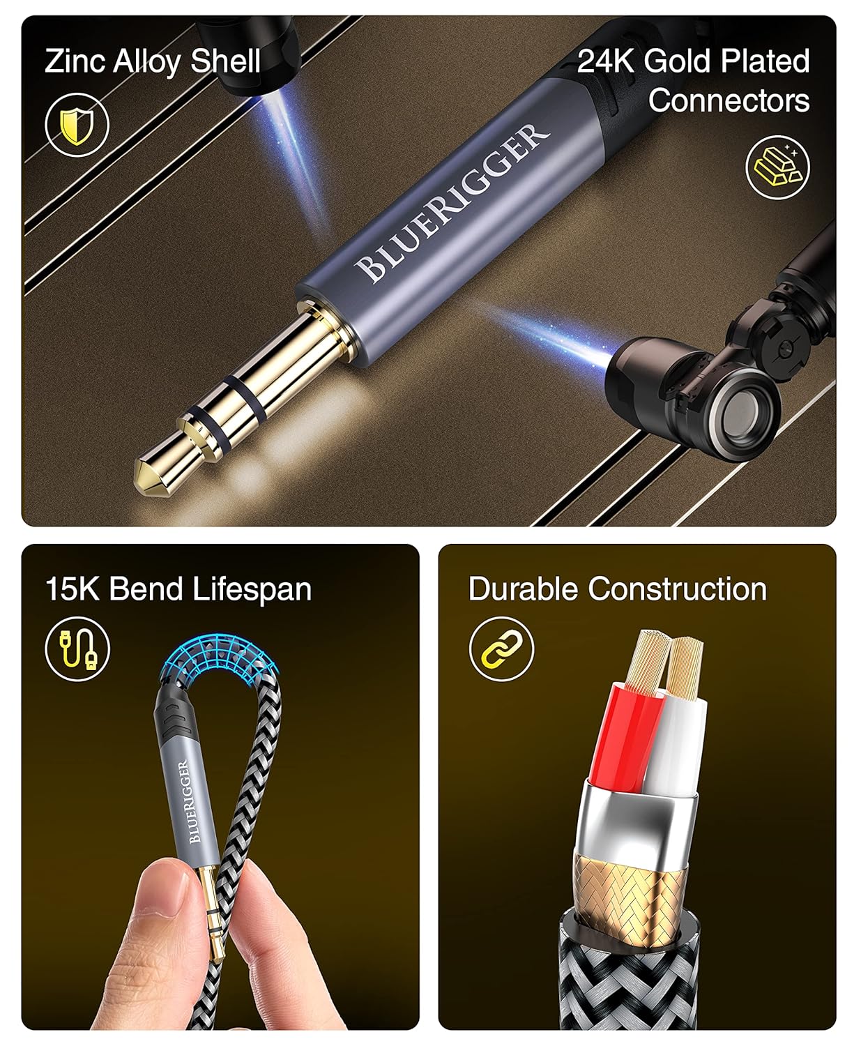 BlueRigger Cable de audio estéreo de 0.138 in (3 pies, conector chapado en oro de 24 quilates, cable auxiliar, macho a macho, sonido de alta