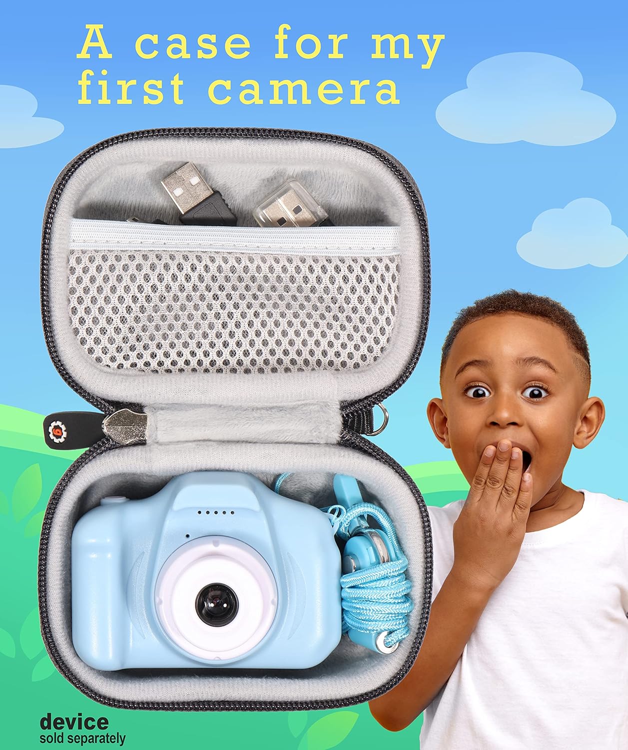 getgear Funda para cámara Seckton Kids Selfie, funda de viaje organizadora con bolsillo de malla y correa de muñeca desmontable (negro)