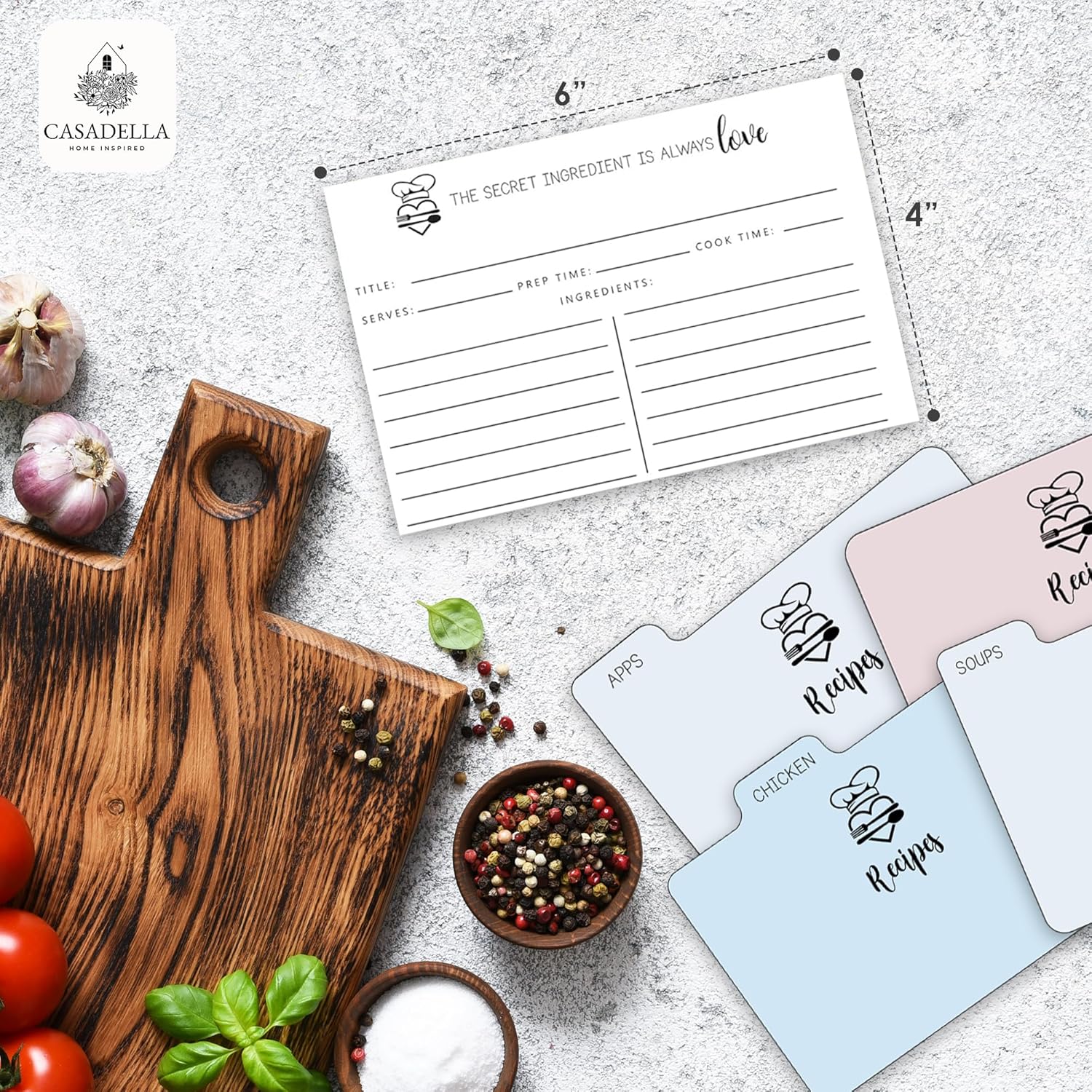 CASADELLA – Caja de recetas de madera, caja con 70 tarjetas de recetas de 4 x 6 pulgadas y 16 divisores, caja de tarjetas minimalista blanca, caja
