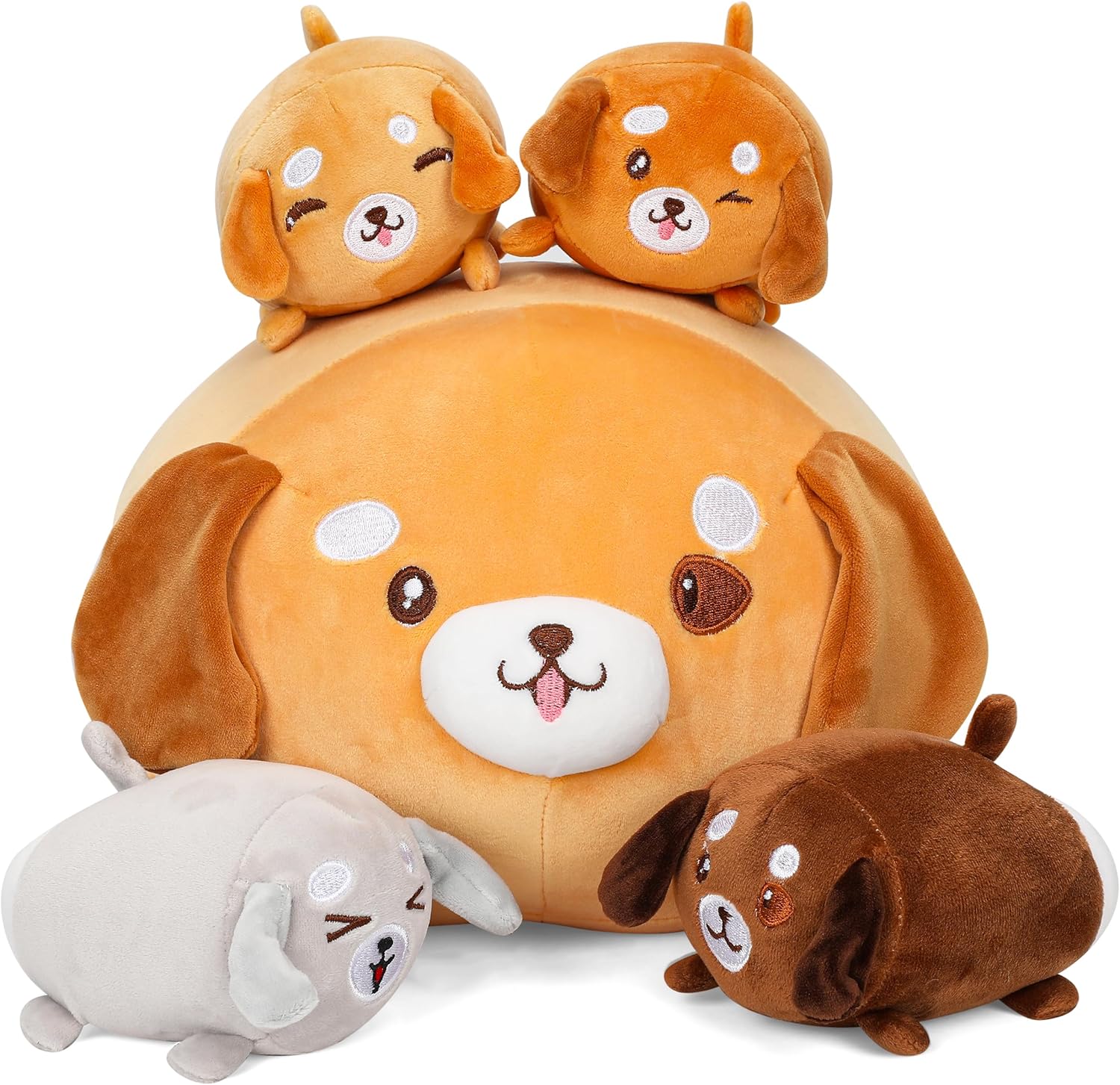 Zakeml 5 almohadas de felpa de perro Corgi de 15 pulgadas, animal de peluche Corgi con 4 peluches de bebé Corgi, almohada de felpa suave para perro,