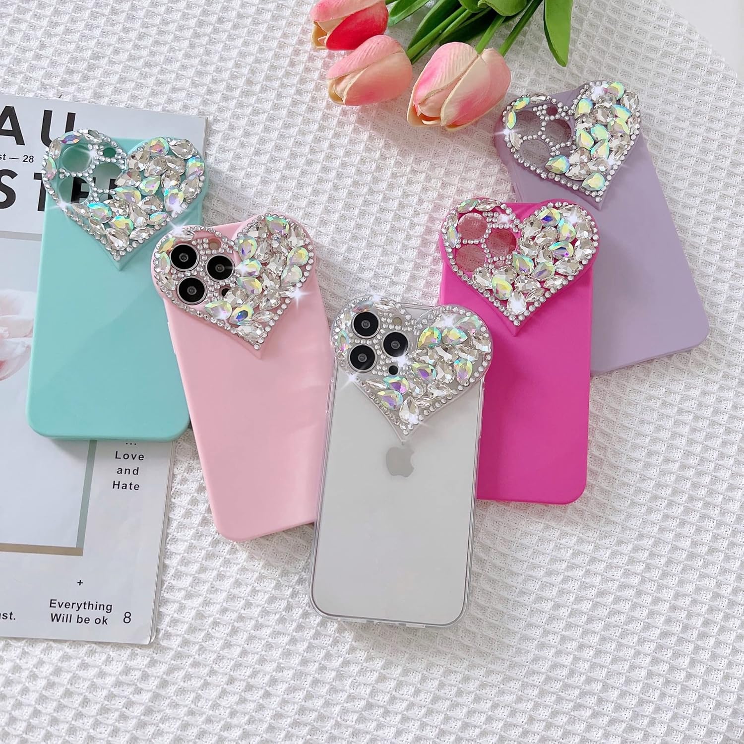 Bonita funda para iPhone 13 Mini con purpurina 3D, con gemas de corazón estéticas brillantes, bonita funda de poliuretano termoplástico suave para