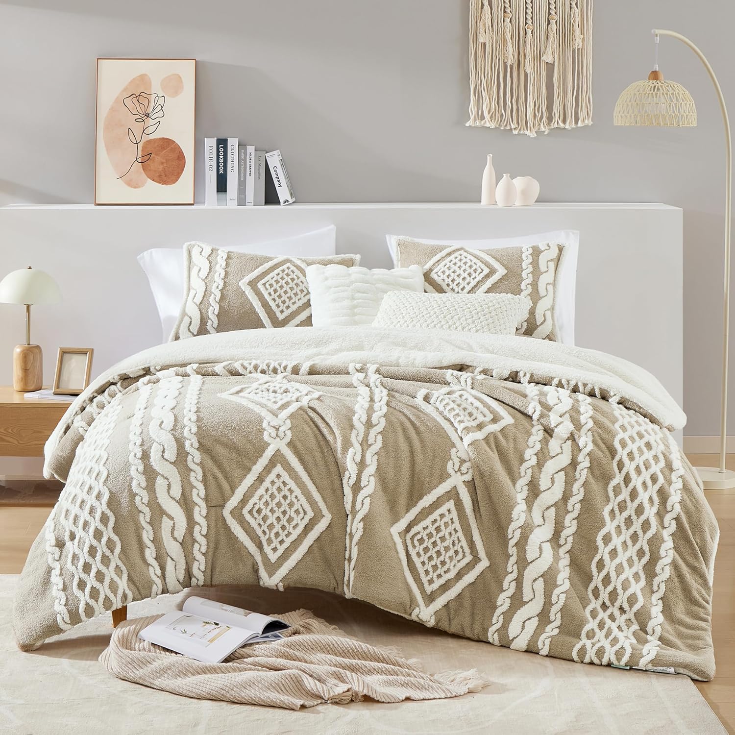 Geniospin Juego de edredón tamaño matrimonial, juego de edredón sherpa ultrasuave para cama de tamaño matrimonial, juegos de ropa de cama jacquard