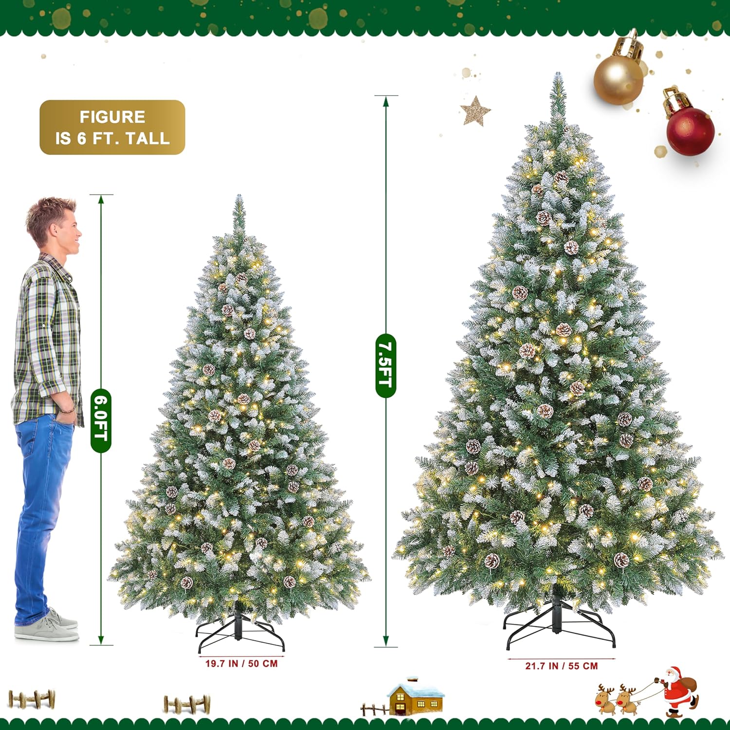 Prelit Árbol de Navidad artificial de 6 pies con luces, conos de pino, árbol de Navidad flocado con 270 luces LED blancas cálidas, 810 puntas de