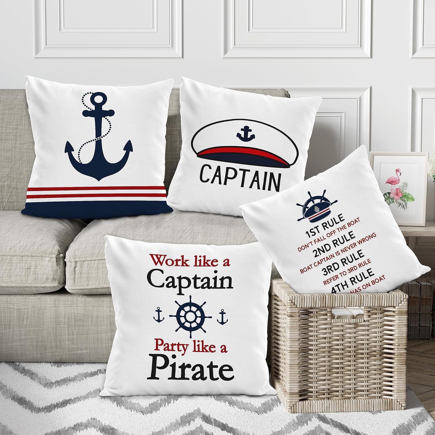 Juego de 4 fundas de almohada náuticas de 18 x 18 pulgadas, funciona como un capitán de fiesta como un pirata, para casa costera, hogar de verano,