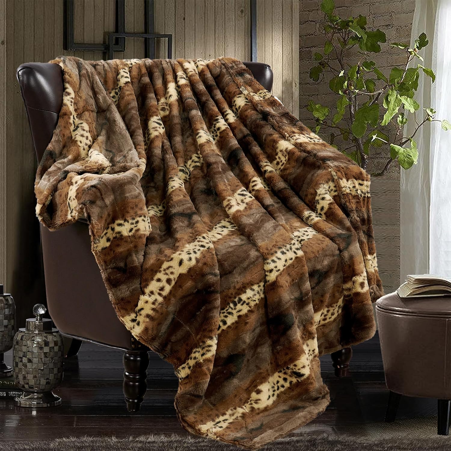 Manta de piel sintética marrón con estampado de leopardo cepillado de doble cara de 50 x 60 pulgadas, manta de felpa ligera y esponjosa para sofá,