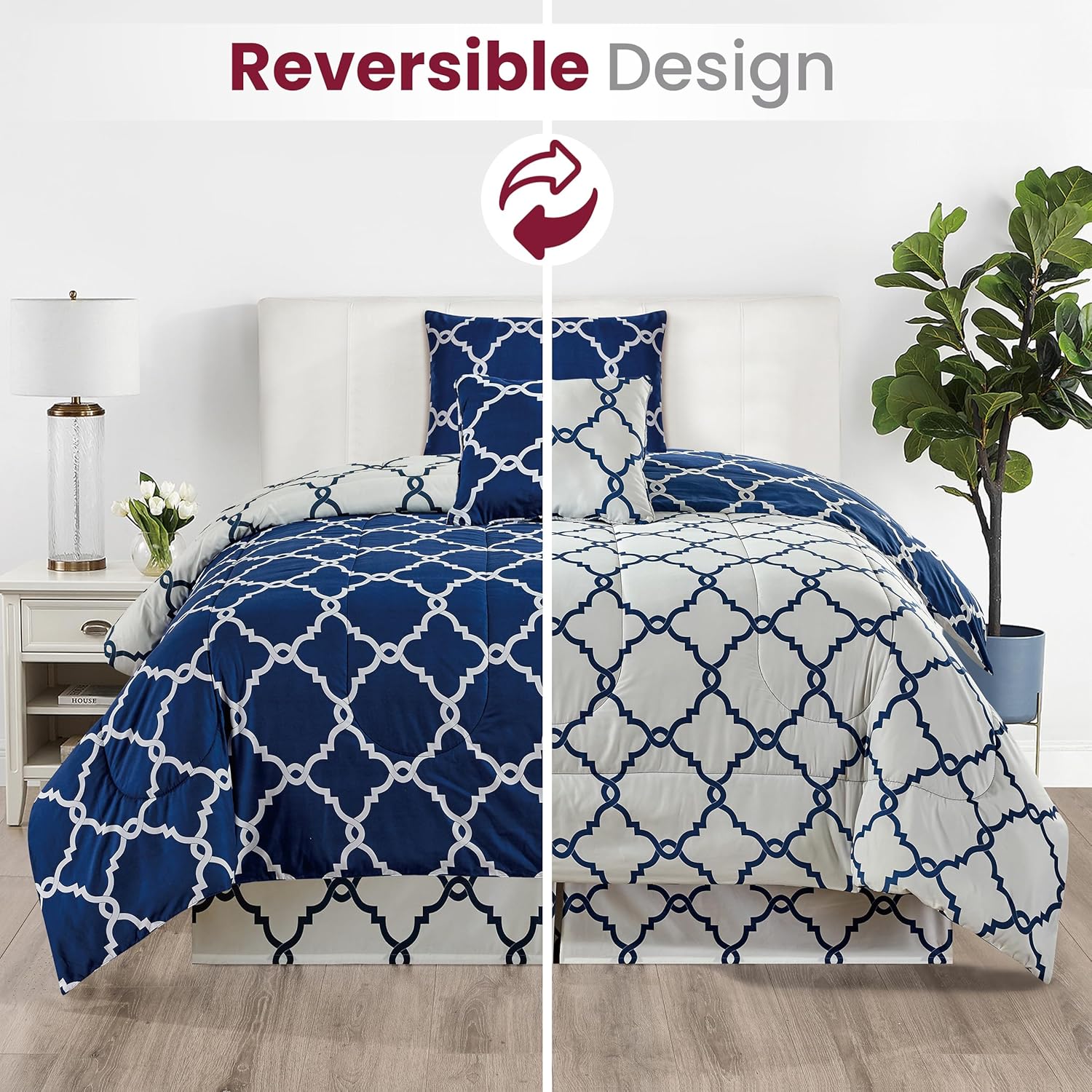 LDC LUX DECOR COLLECTION Juego de edredón de 4 piezas tamaño individual, juego de ropa de cama reversible con estampado, cama Queen en bolsa, 1