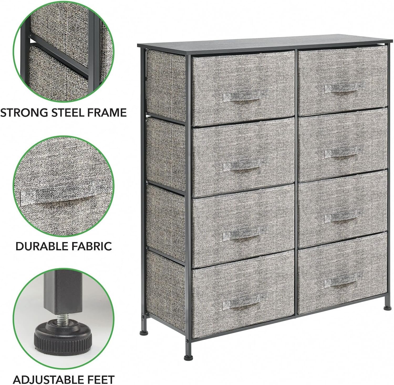 mDesign Mueble de almacenamiento con marco de acero de 38.31 pulgadas, con 8 cajones de tela extraíbles, organizador grande para dormitorio, sala de