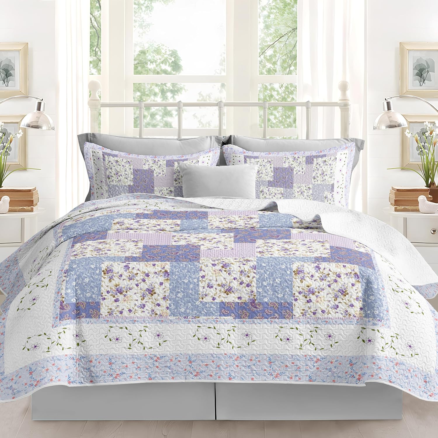 Juego de ropa de cama morada tamaño King  Colchas reversibles de microfibra con 2 fundas de almohada, ropa de cama suave y ligera, colcha de flores,