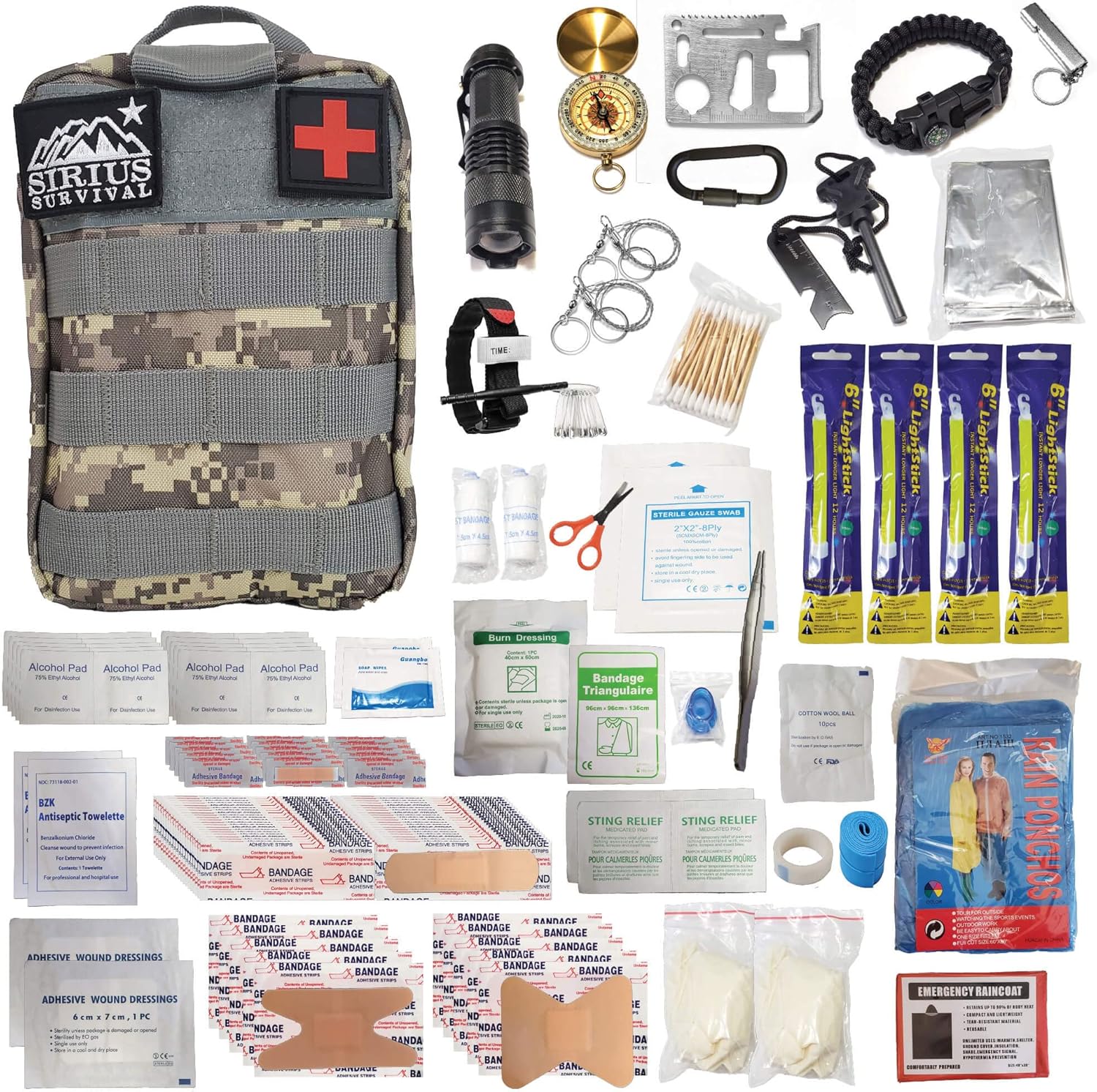 Kit de supervivencia y primeros auxilios Molle de 250 piezas, equipo de emergencia al aire libre y bolsa de trauma para camping, senderismo, caza,