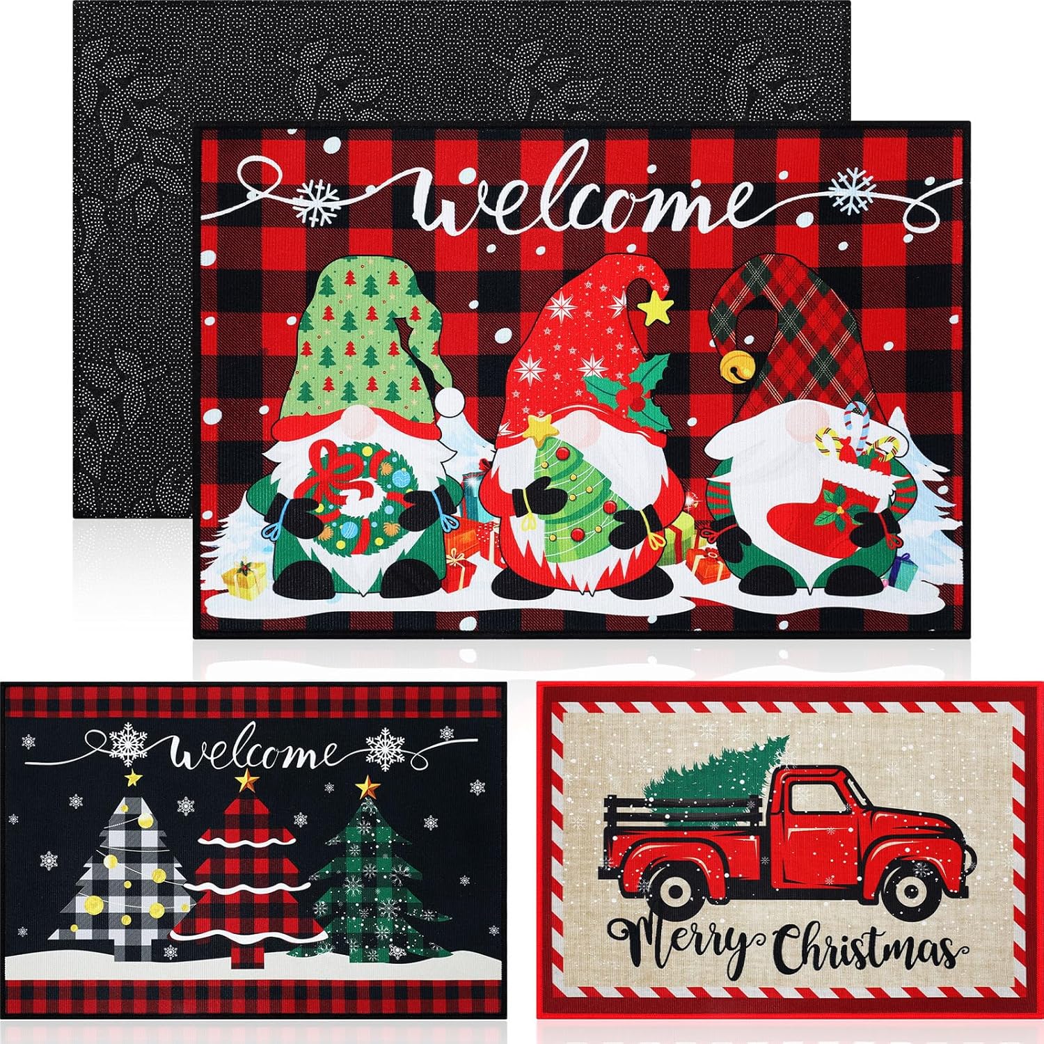 Geelin 3 tapetes de Navidad con gnomo de bienvenida, para árbol de Navidad, camión, para interiores y exteriores, tapete antideslizante para porche