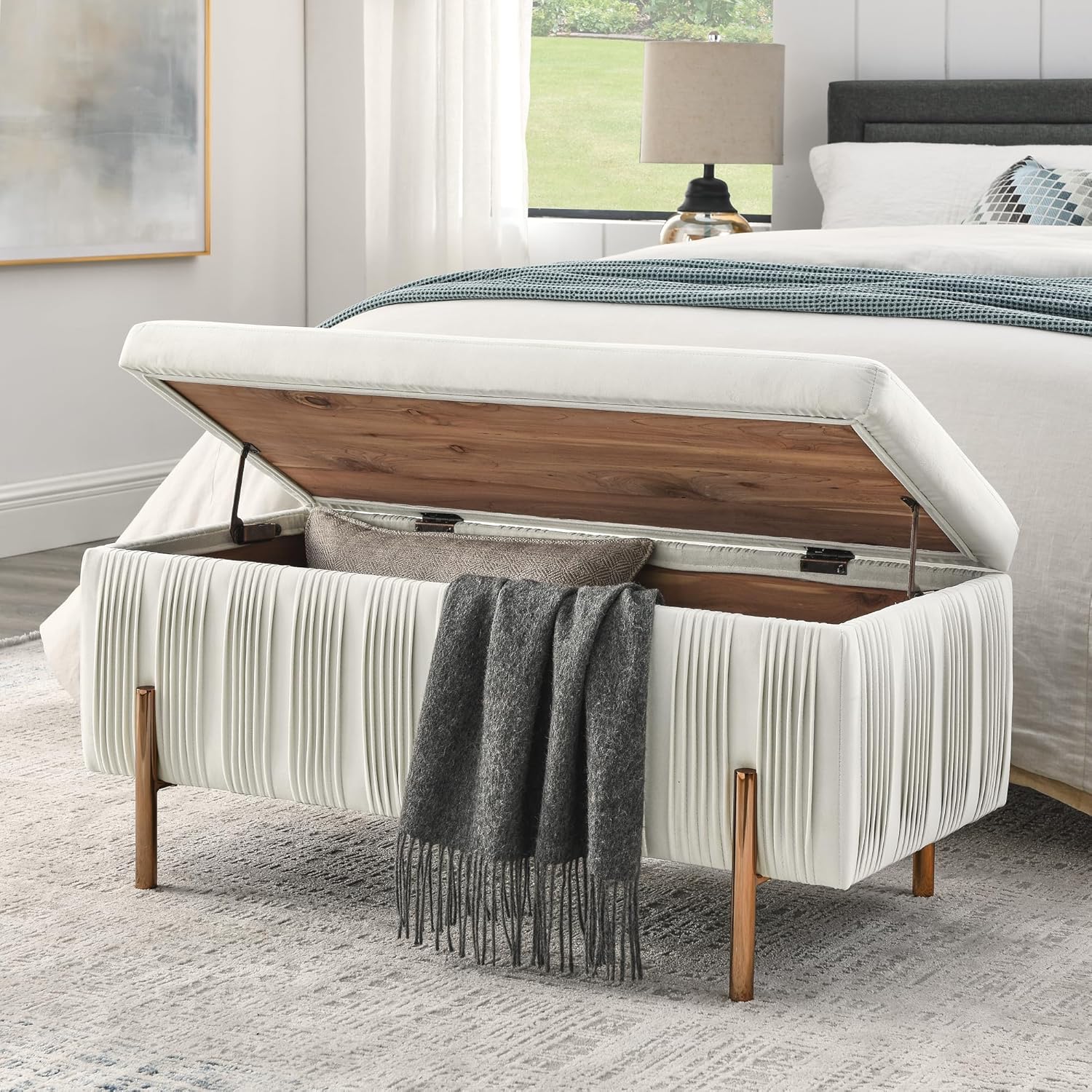 Banco de almacenamiento tapizado de terciopelo con bisagras de seguridad, otomana de almacenamiento grande para dormitorio, sala de estar, pasillo,