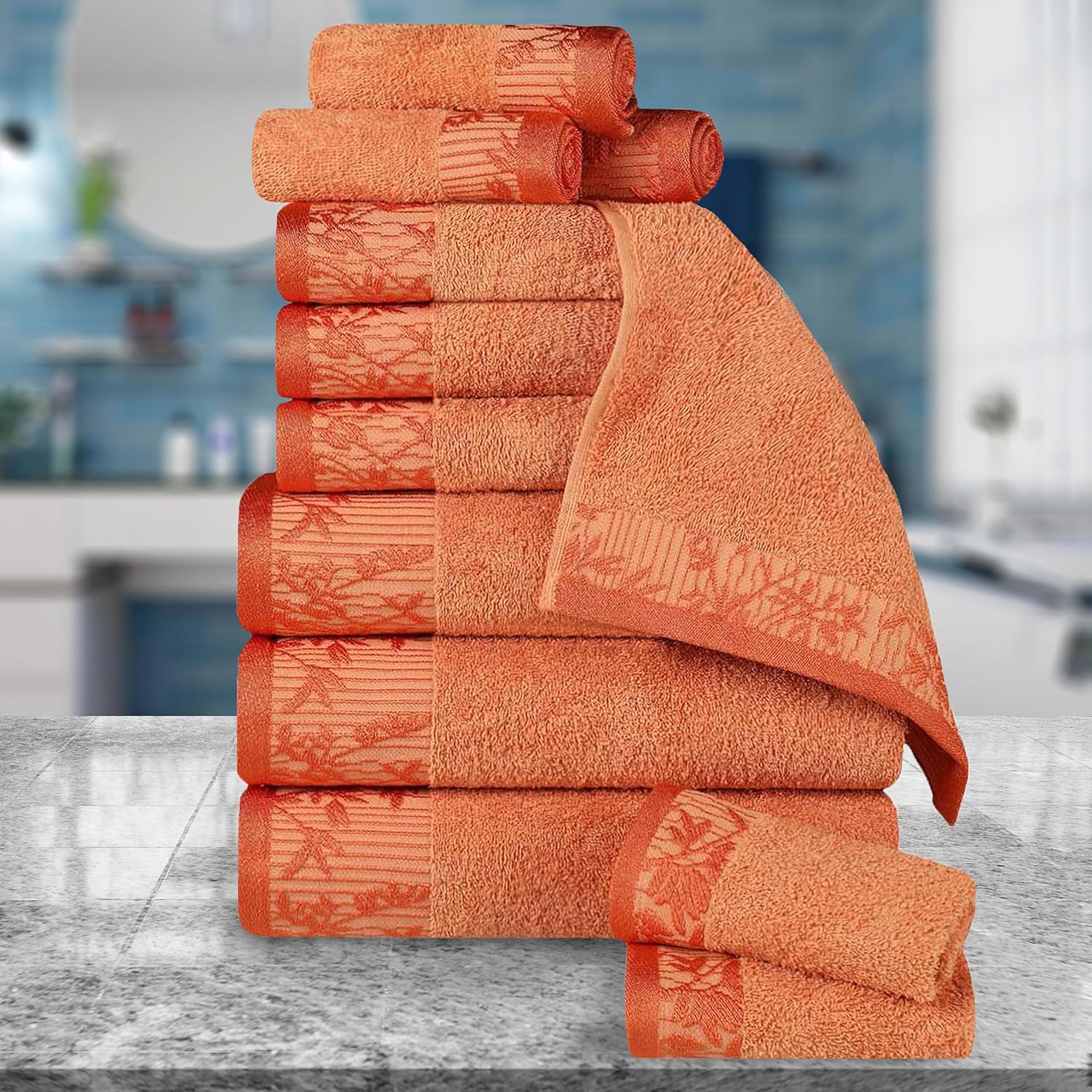 Superior Juego de toallas de algodón de 12 piezas, borde Dobby jacquard floral, secado rápido, baño decorativo, ducha, bañera, incluye 3 cuerpos, 3