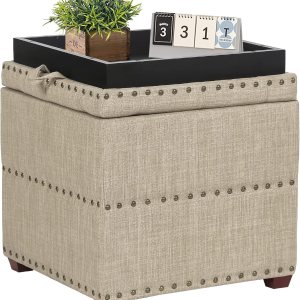 Adeco Taburetes otomanos de 18 pulgadas de alto, taburetes de lino beige con bandeja, taburete de tocador tapizado con patas de madera maciza Adeco Taburetes otomanos de 18 pulgadas de alto, taburetes de lino beige con bandeja, taburete de tocador tapizado con patas de madera maciza