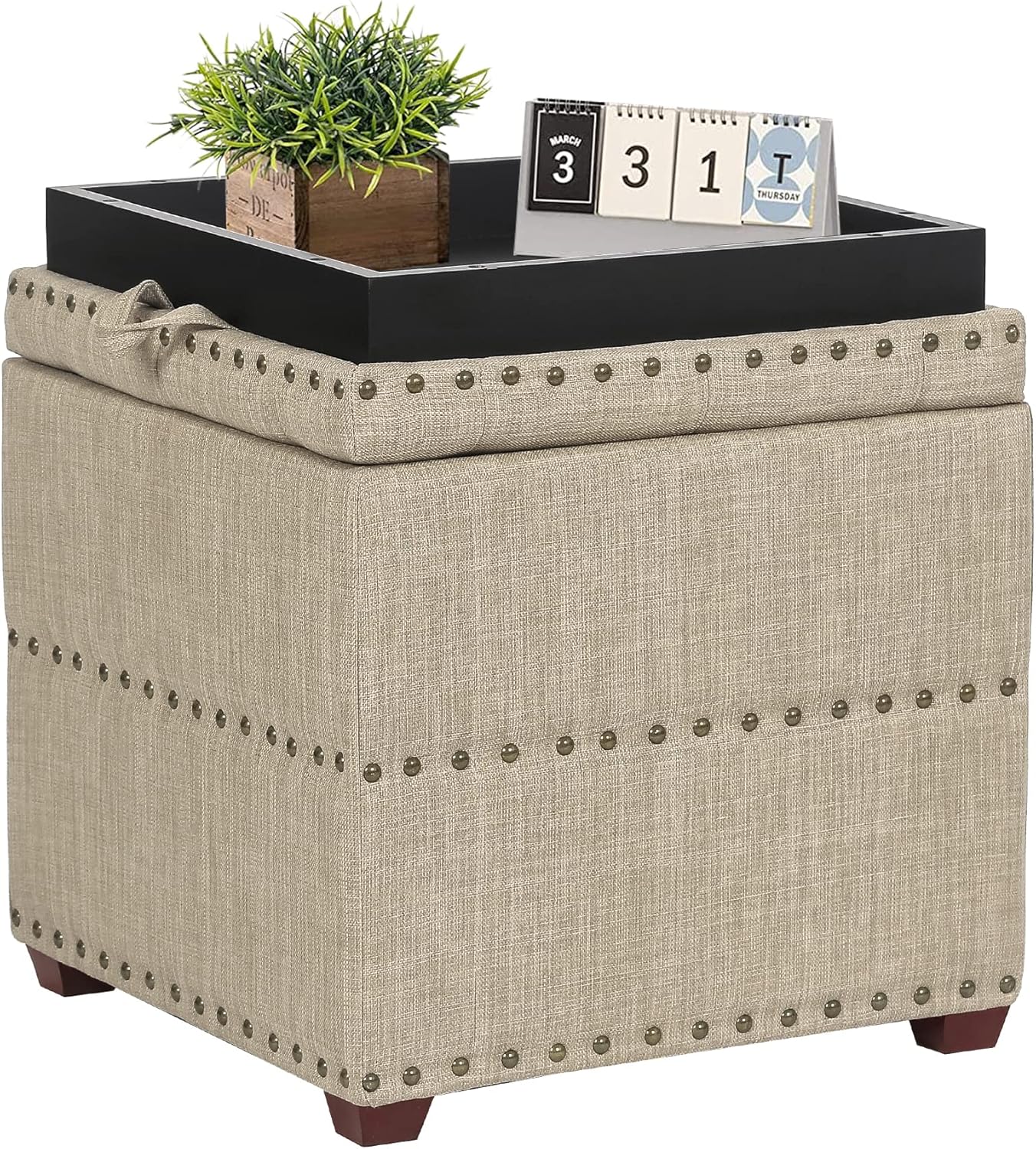 Adeco Taburetes otomanos de 18 pulgadas de alto, taburetes de lino beige con bandeja, taburete de tocador tapizado con patas de madera maciza