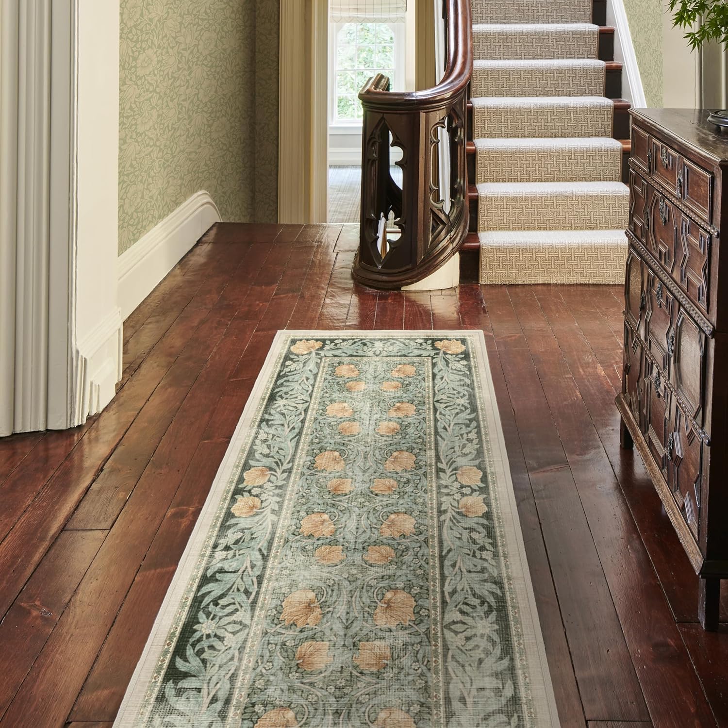 RUGGABLE x Morris & Co – Alfombra bohemia lavable perfecta para entrada, pasillo, cocina, antideslizante, apta para niños, resistente a las manchas