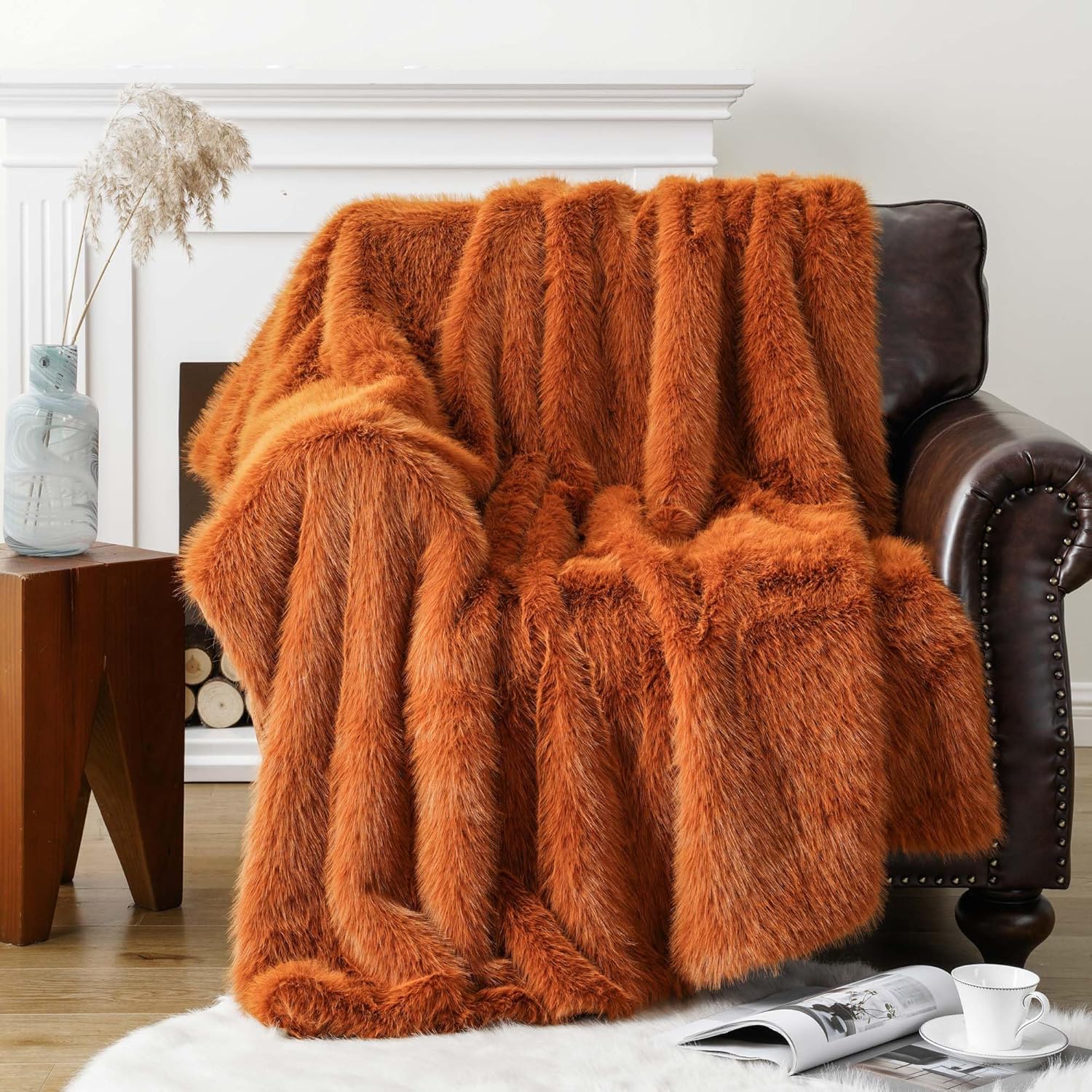 BATTILO HOME Manta de lujo de piel sintética de otoño, manta de piel naranja óxido para sofá, silla, cama, felpa suave, cálida y acogedora manta de