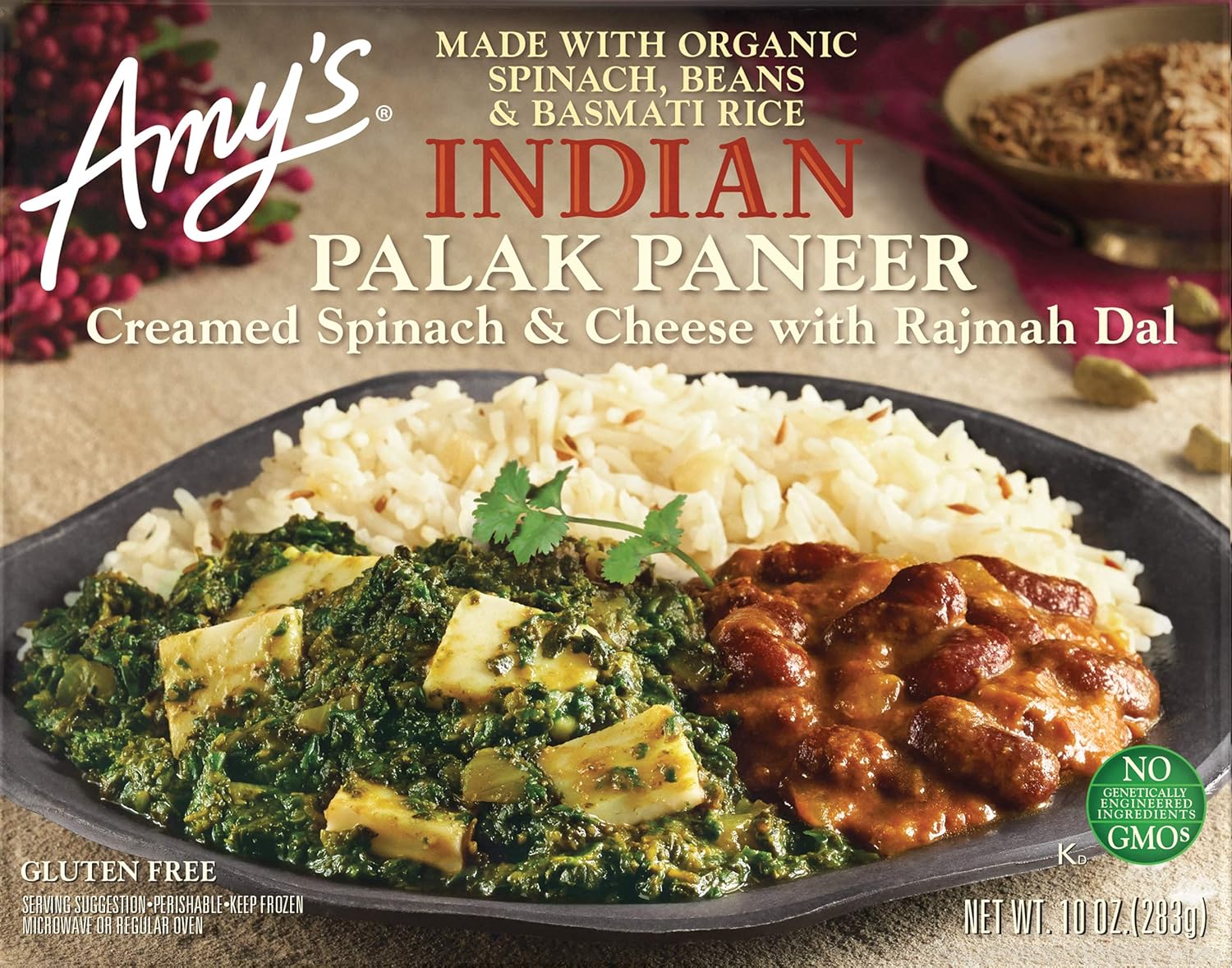 Amy’s Comidas congeladas, Paneer indio sin gluten, hecho con arroz basmati, queso, espinacas y frijoles orgánicos, 10 onzas.
