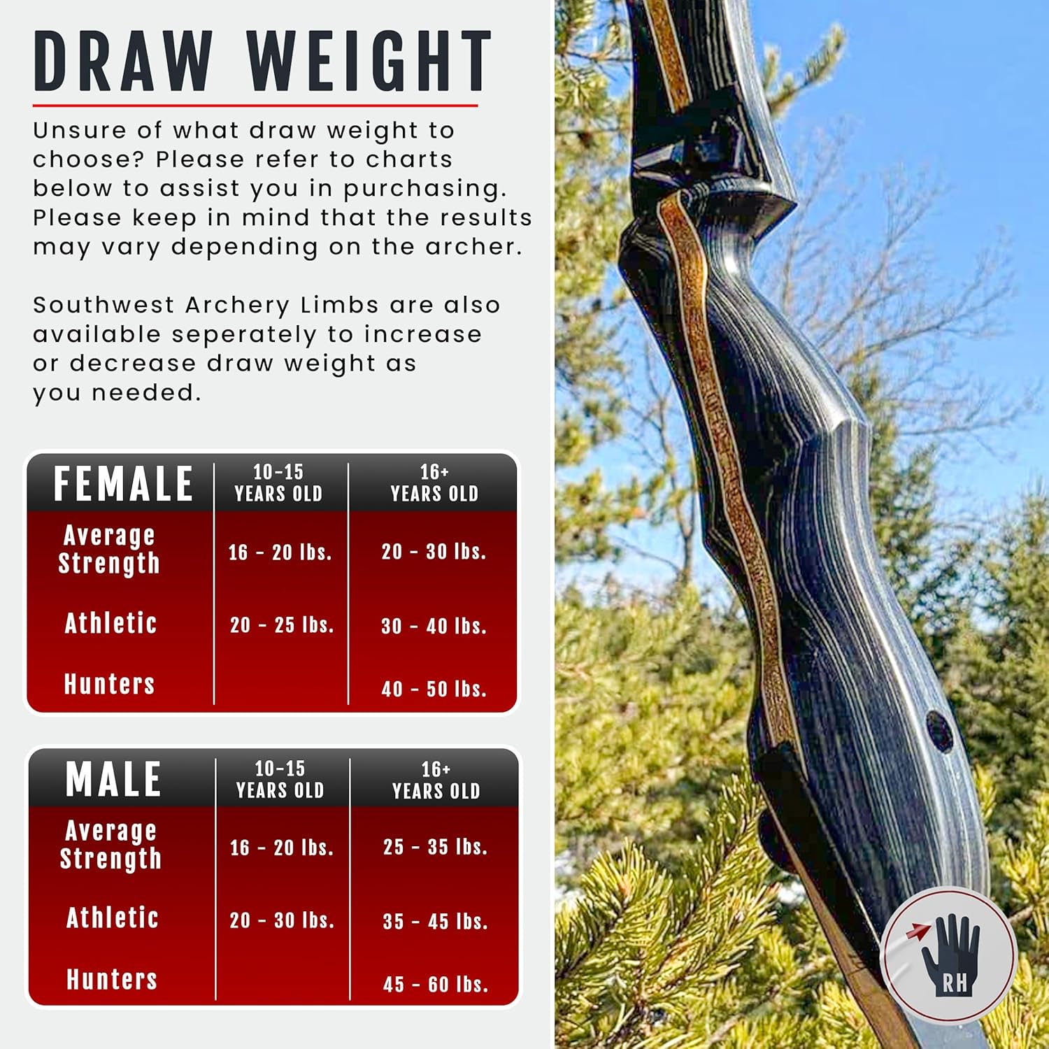 Southwest Archery Ghost Takedown Longbow  64″ Longbow Hunting Bow  Right & Left Hand  Draw Weights in 20-50 lbs  USA Based Company  Perfect for