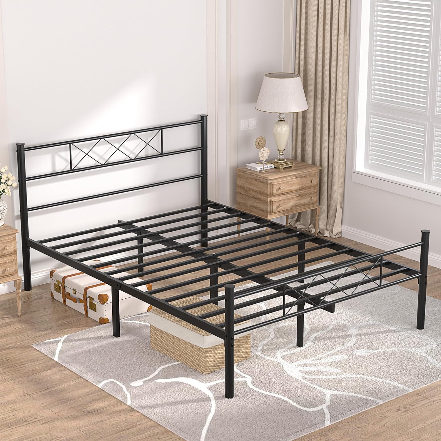VECELO Base de cama de tamaño matrimonial con cabecero, plataforma resistente y base de colchón con soporte de listones de metal, no necesita