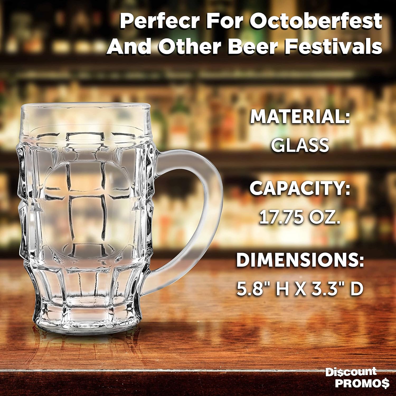 DISCOUNT PROMOS Juego de 6 tazas de cerveza de vidrio con hoyuelos de 17.75 pulgadas, paquete a granel, utensilios de bar, ideales para festivales