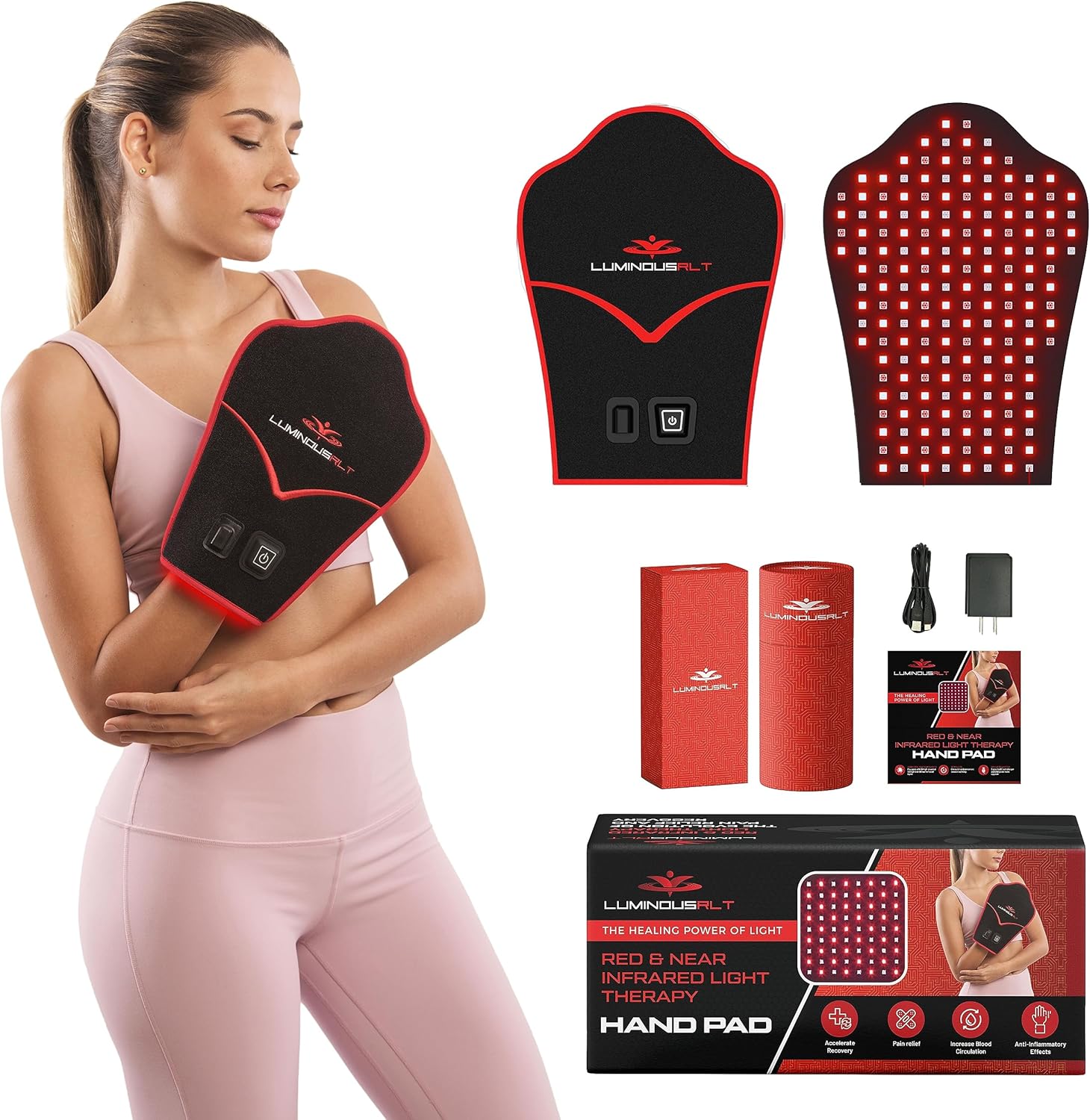 Manopla de mano con terapia de luz roja, dispositivo de terapia de luz infrarroja con apagado automático que promueve el alivio del dolor de mano y