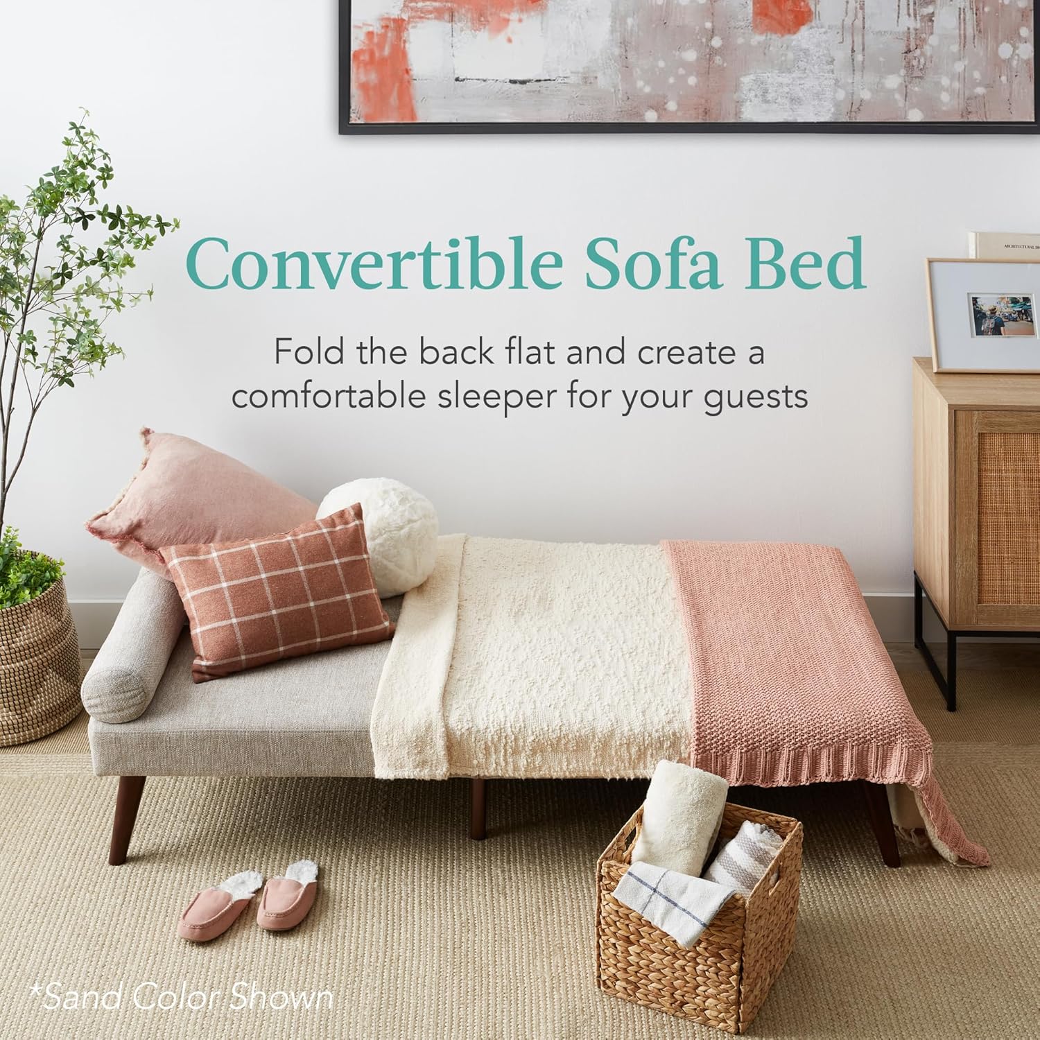 Best Choice Products Mid-Century – Futón tapizado moderno, sofá cama plegable convertible, sofá pequeño con reposabrazos redondeados, 2 portavasos,